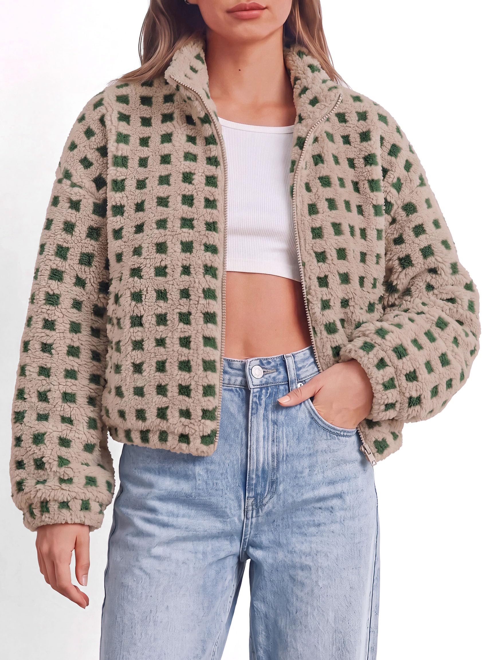 Women's Gingham Sherpa Fleece Jacket Plaid Cropped Teddy Coat