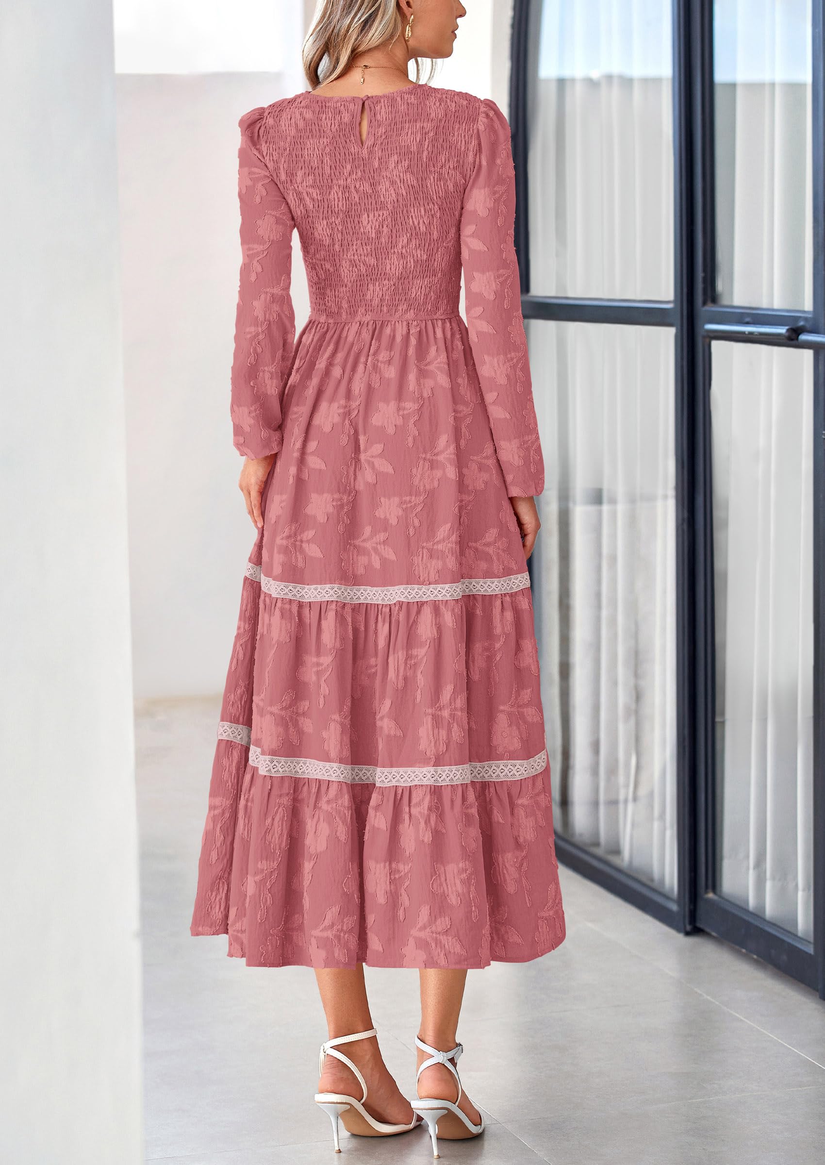 Women's Long Sleeve Boho Floral Midi Dress, Bean Paste Pink,S