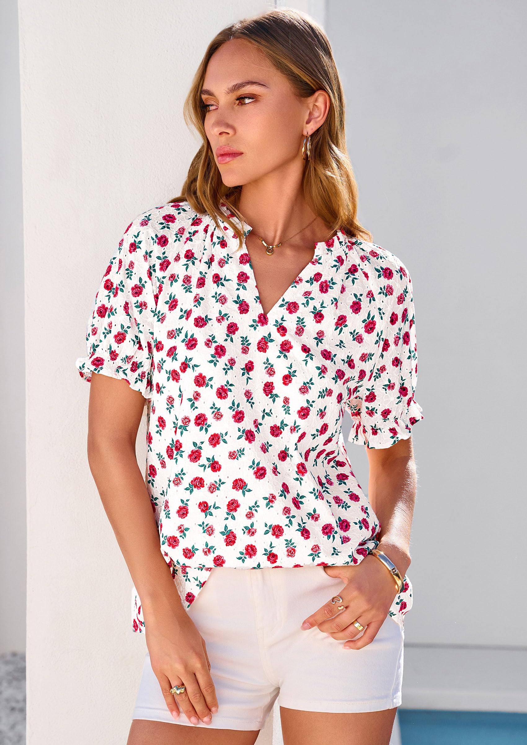 Womens Floral Short Sleeve Blouses,S Rose,S