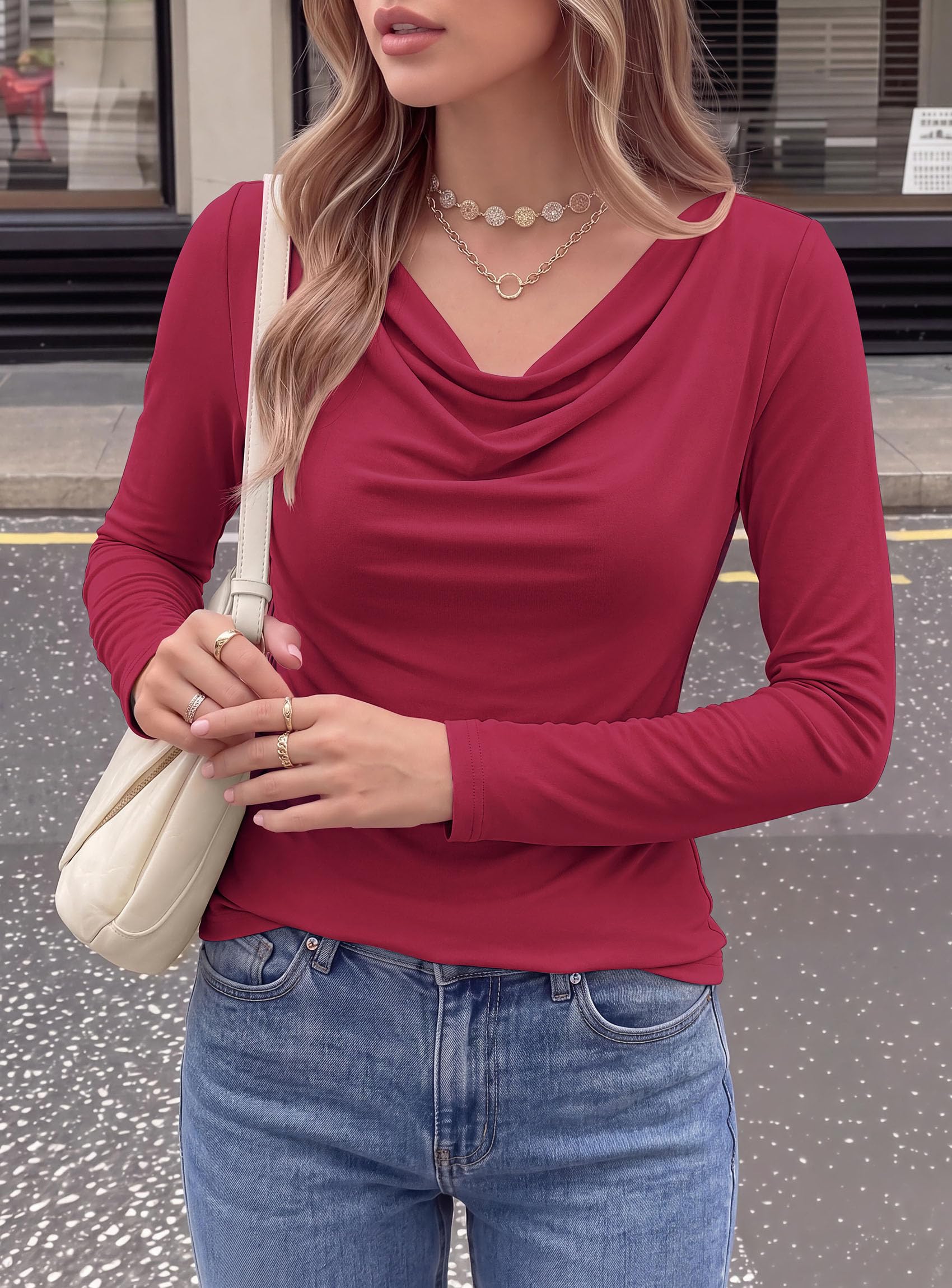 Cowl Neck Tops for Women Fashion Long Sleeve Shirt Burgundy