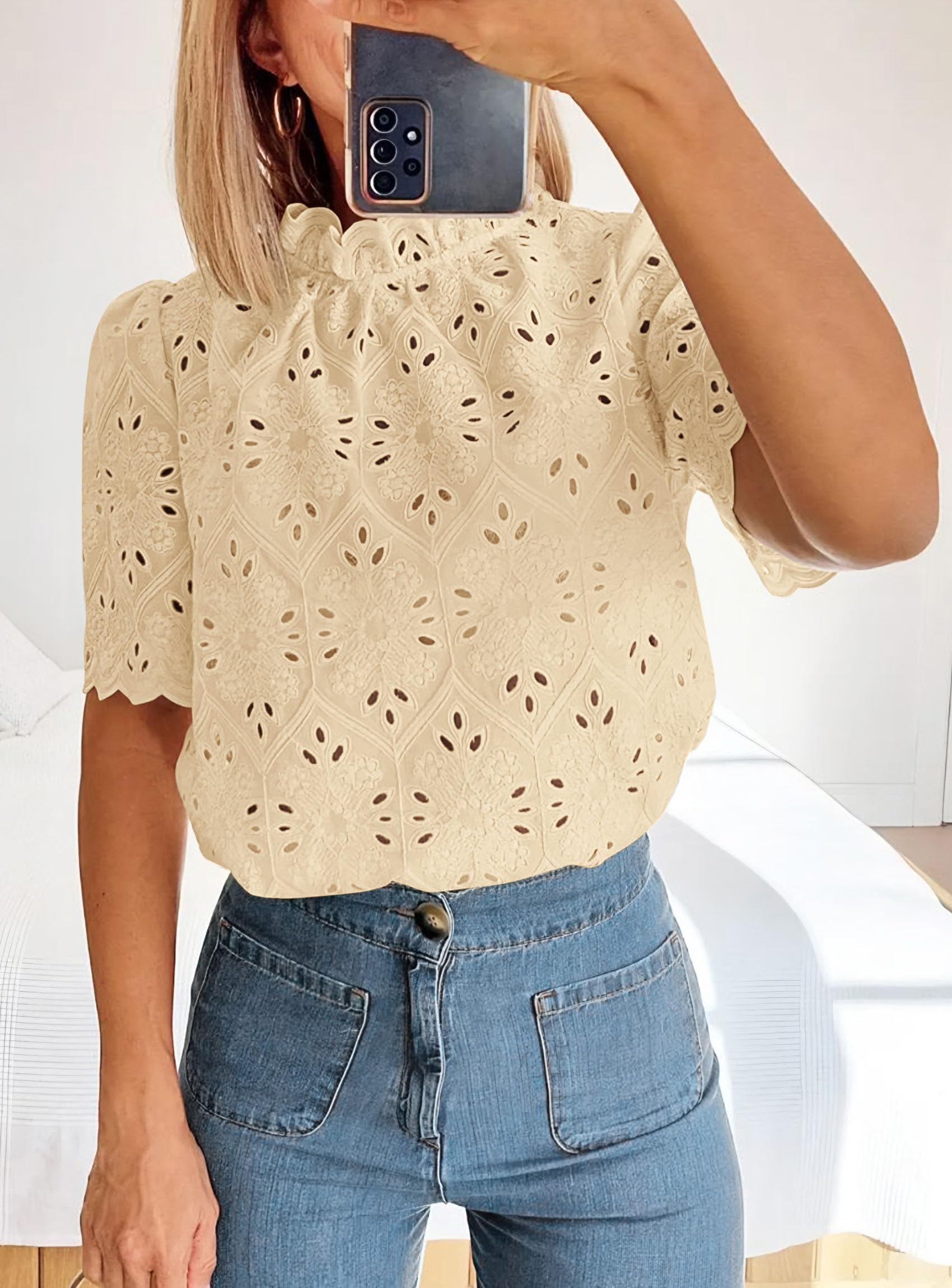 Women Summer Tops Eyelet Embroidered Shirts,Beige Yellow,XS