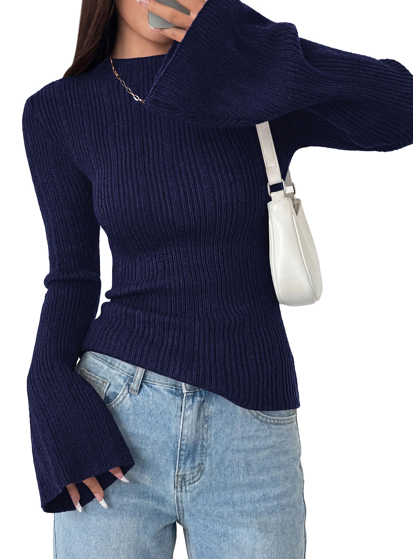 Womens Bell Long Sleeve Tops Mock Neck Sweaters,Navy Blue,S