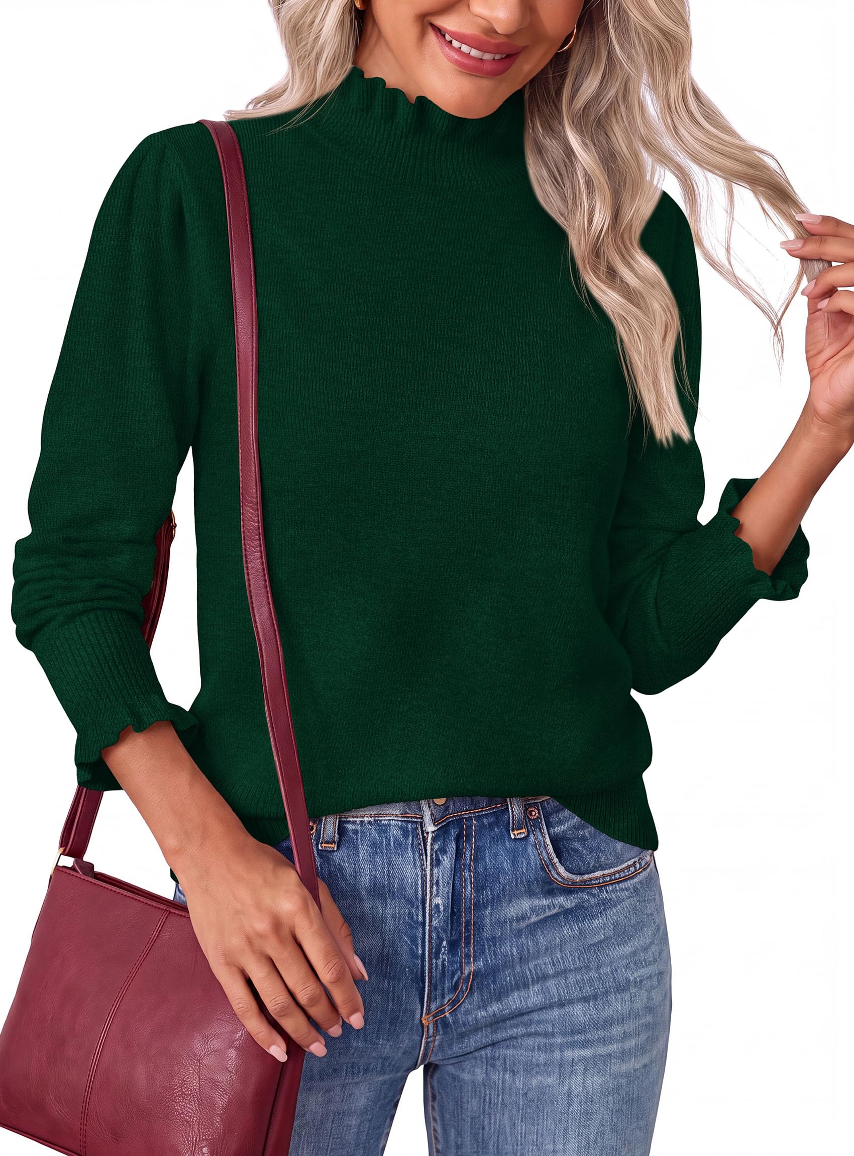 Women's Fall Cozy Sweaters Trendy Ruffle Mock Neck Pullover
