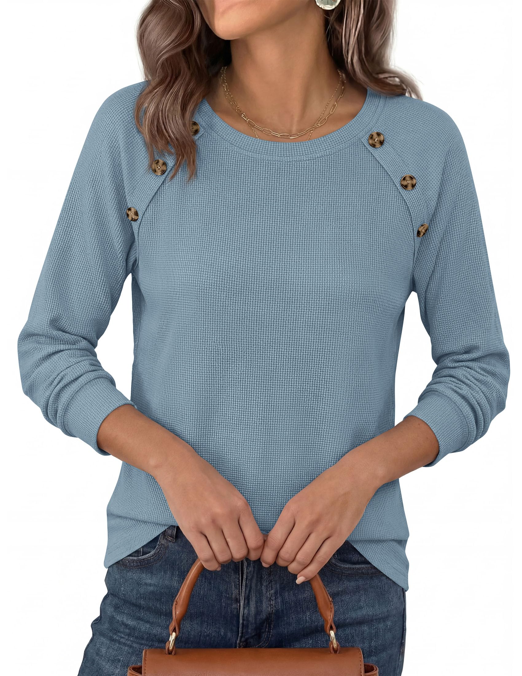 Fall Long Sleeve Waffle Knit Shirts for Women Loose Tunic Tops