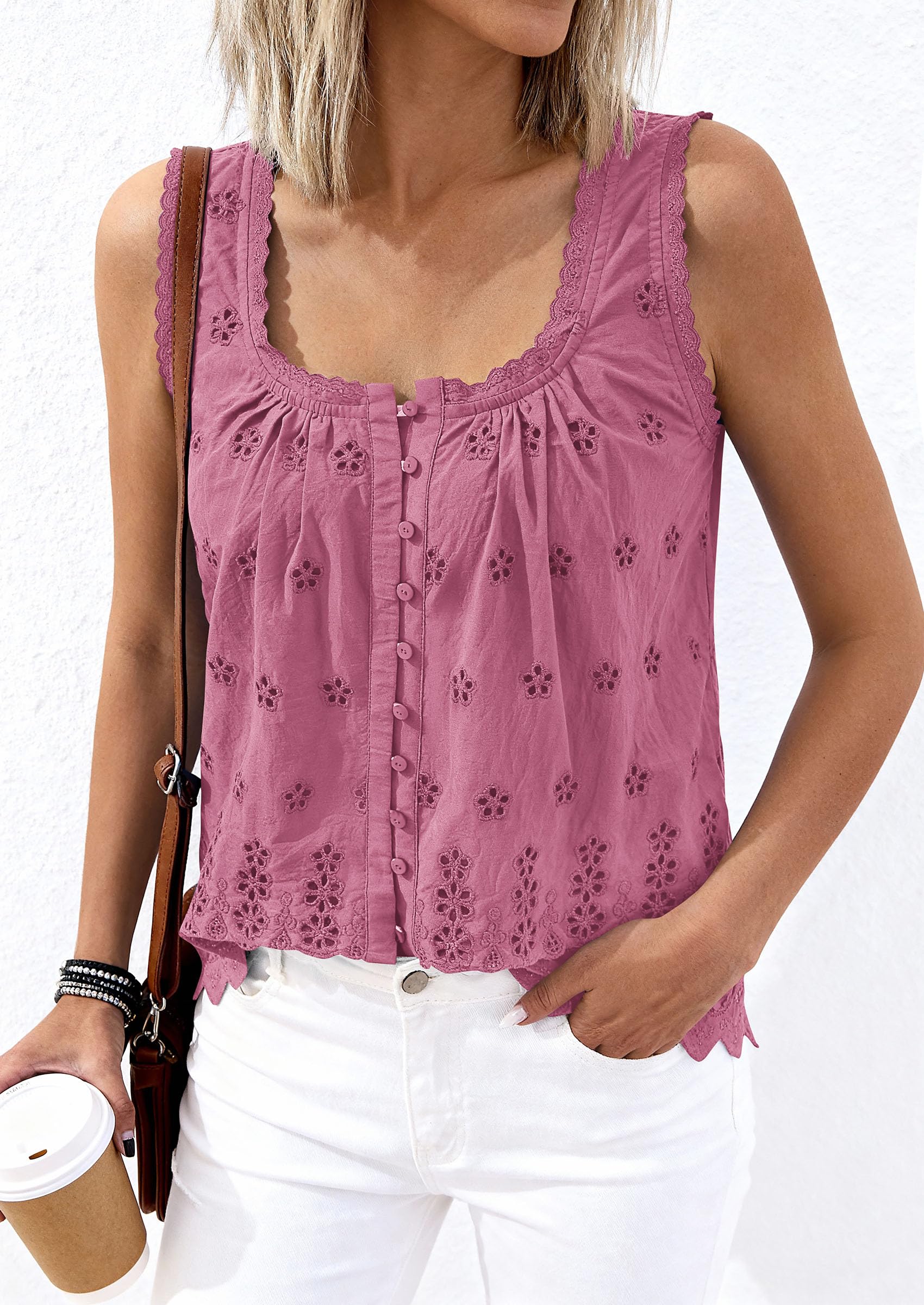 Women's Lace Tank Top Embroidery Eyelet Blouses,Dusty Pink,S