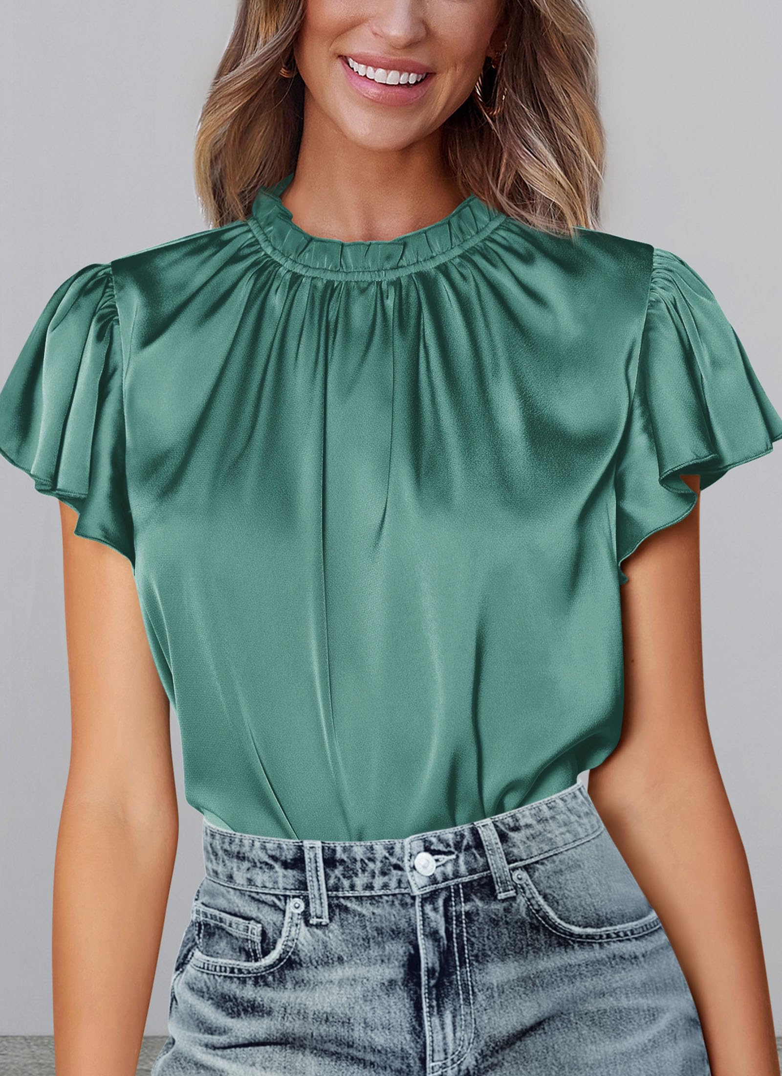 Women's Satin Tops Business Casual Work Blouses, Aqua Green,S
