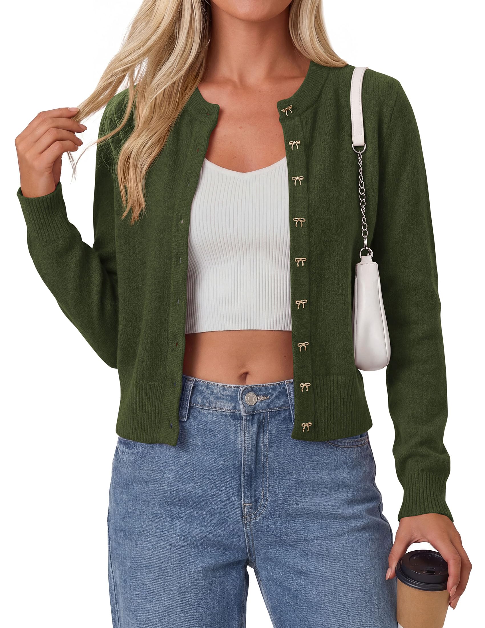 Cardigan Sweaters for Women Cropped Bow Button Up Cardigan