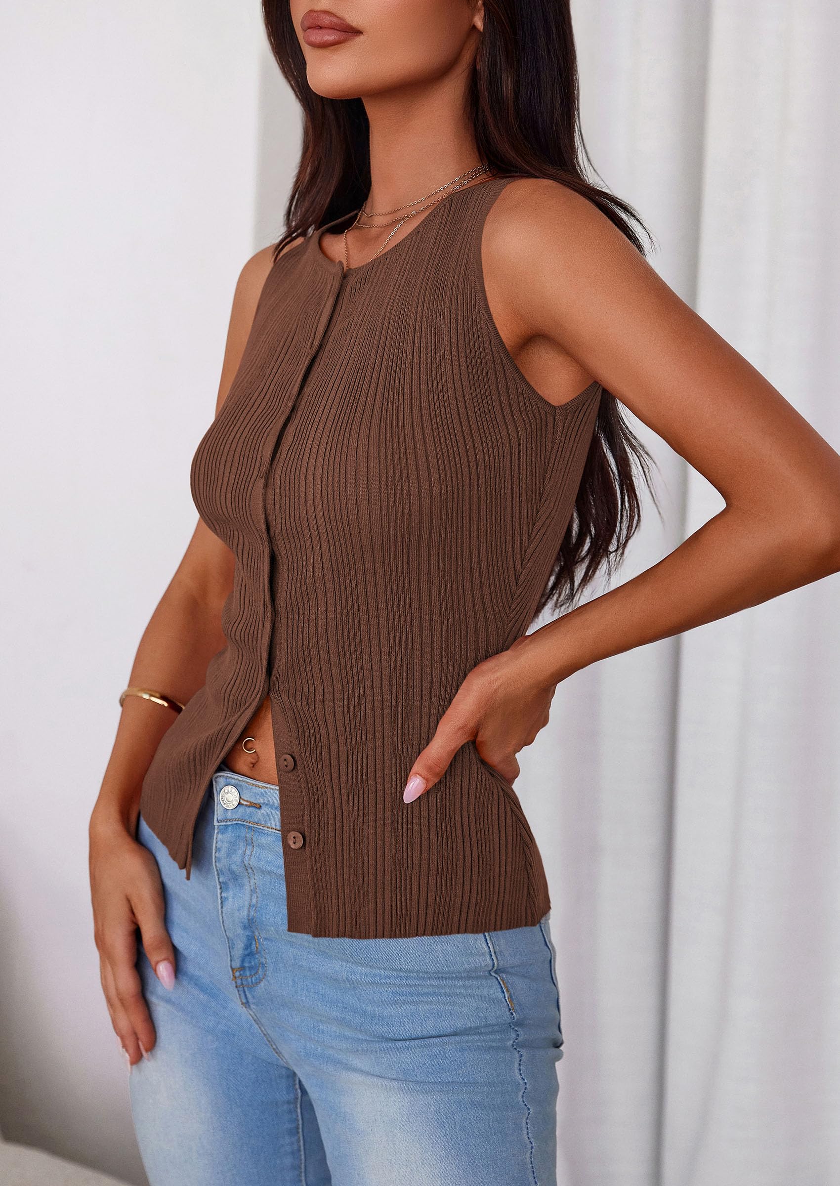Sleeveless Button Down Shirts for Women Summer 2026 Going Out Ribbed Knit Tank Tops Y2K Clothes Trendy Vest Tops Brown