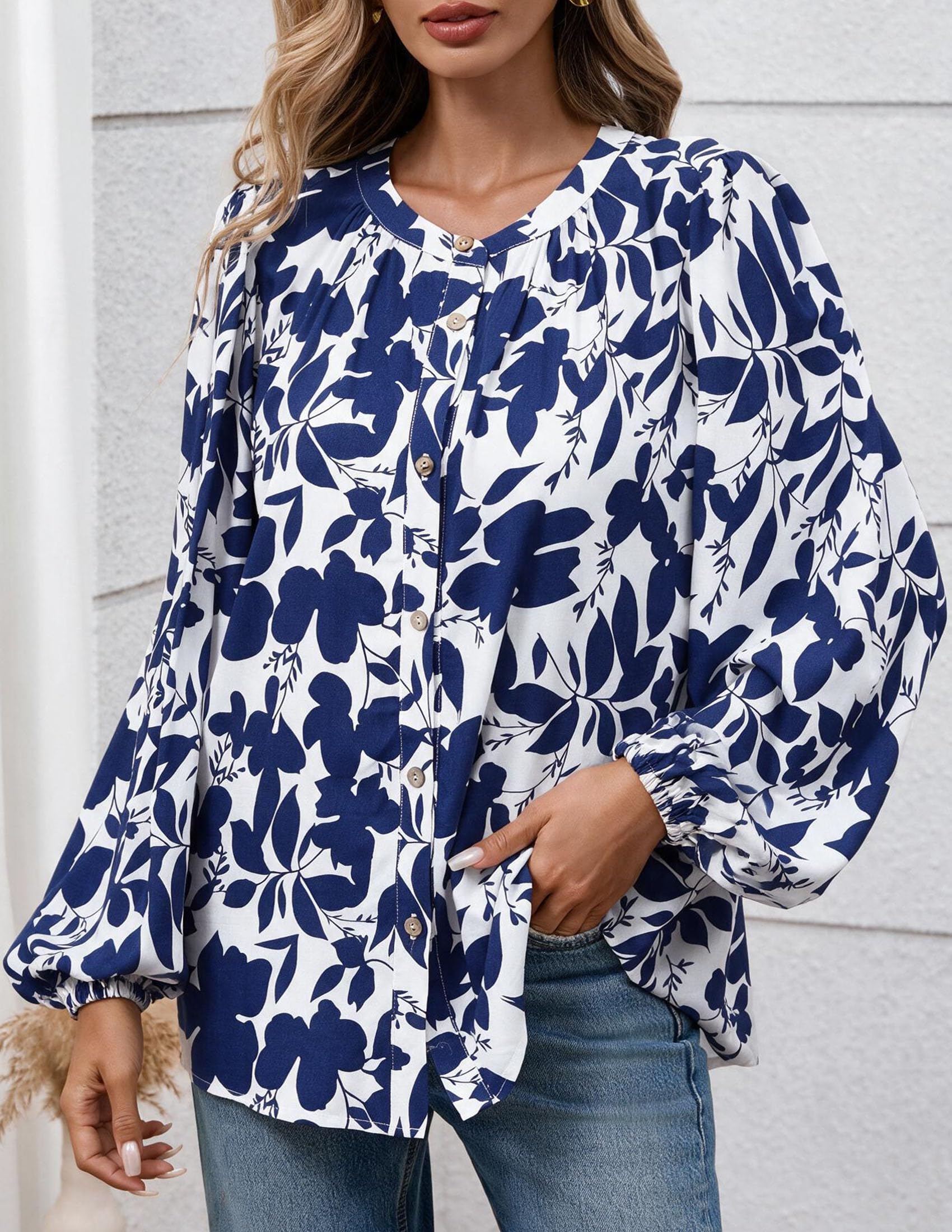 Women's Boho Tops Fall Long Sleeve Button Down Floral Blouses
