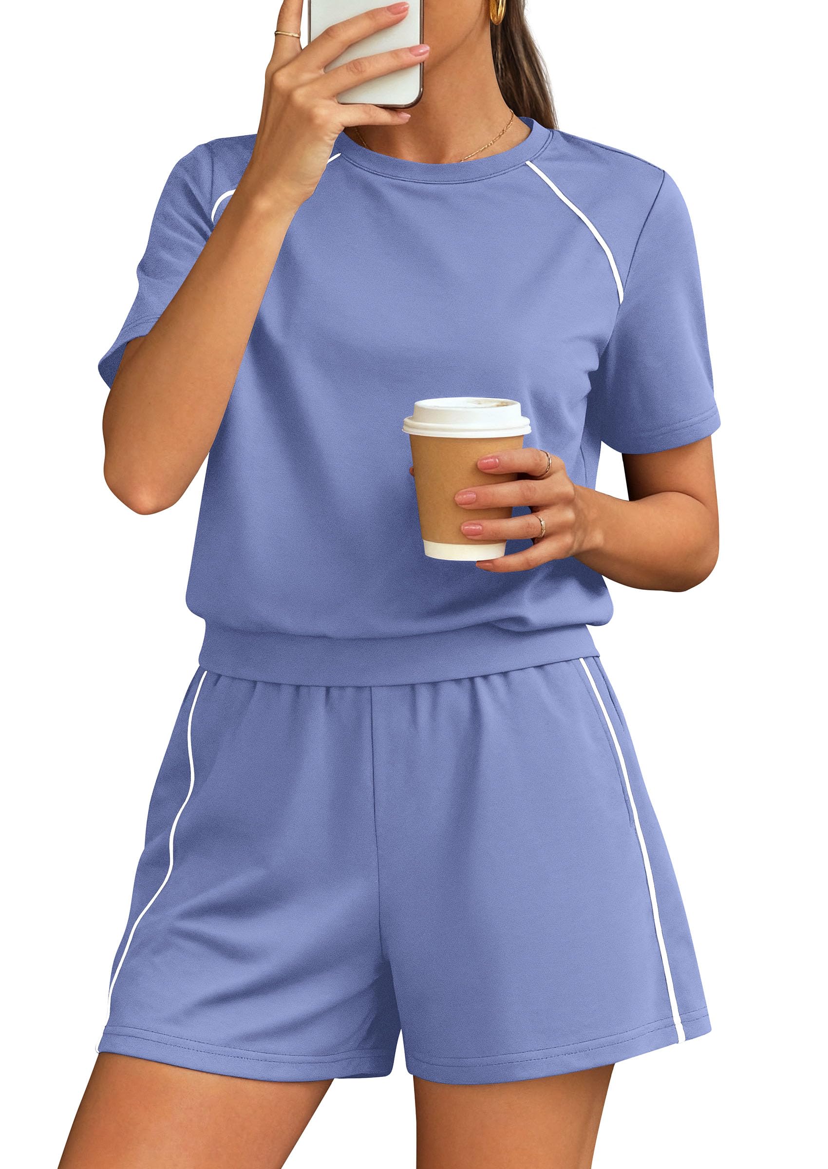 Womens 2 Piece Short Sets Casual Summer Outfits, Light Blue,S