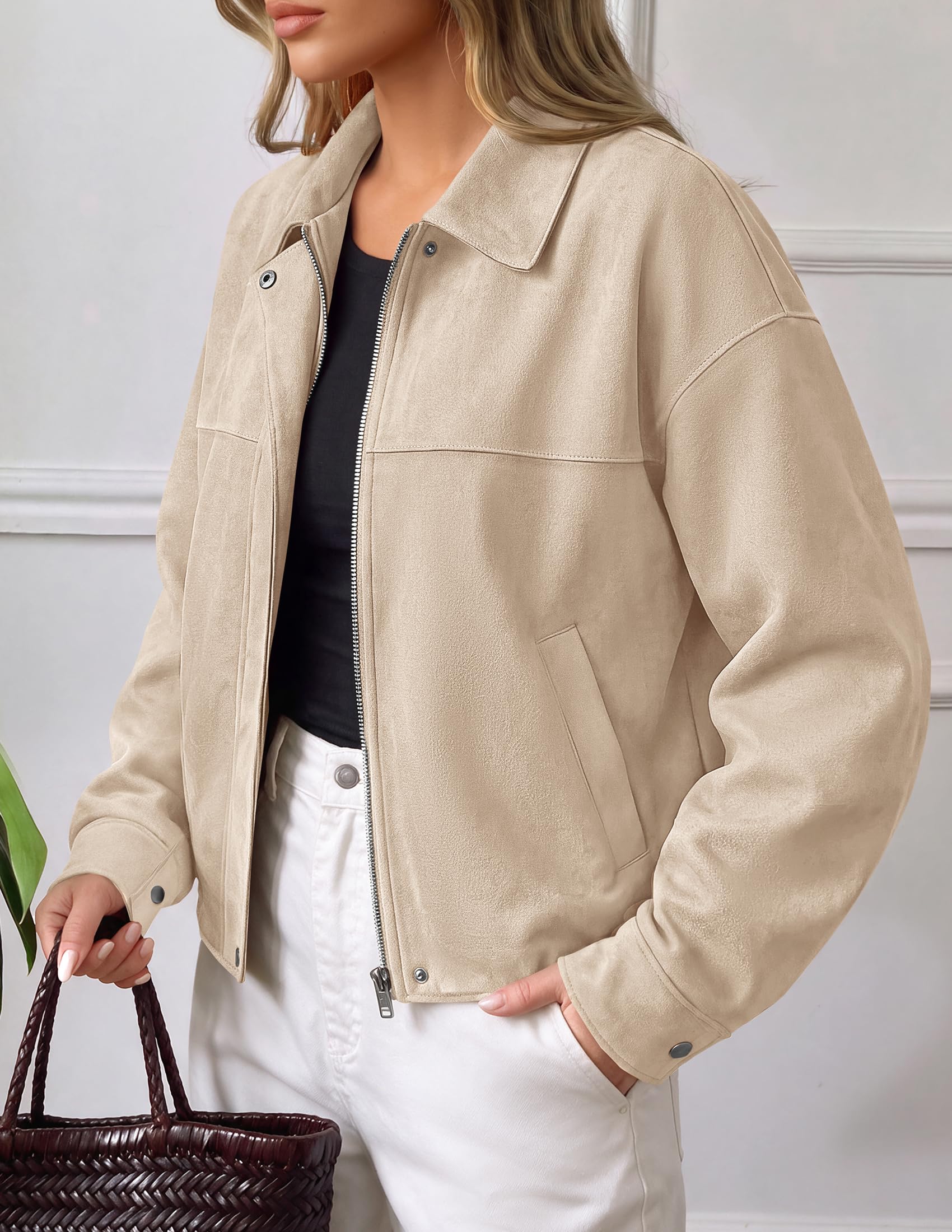 Women's Faux Suede Cropped Fall Jackets,Beige,S