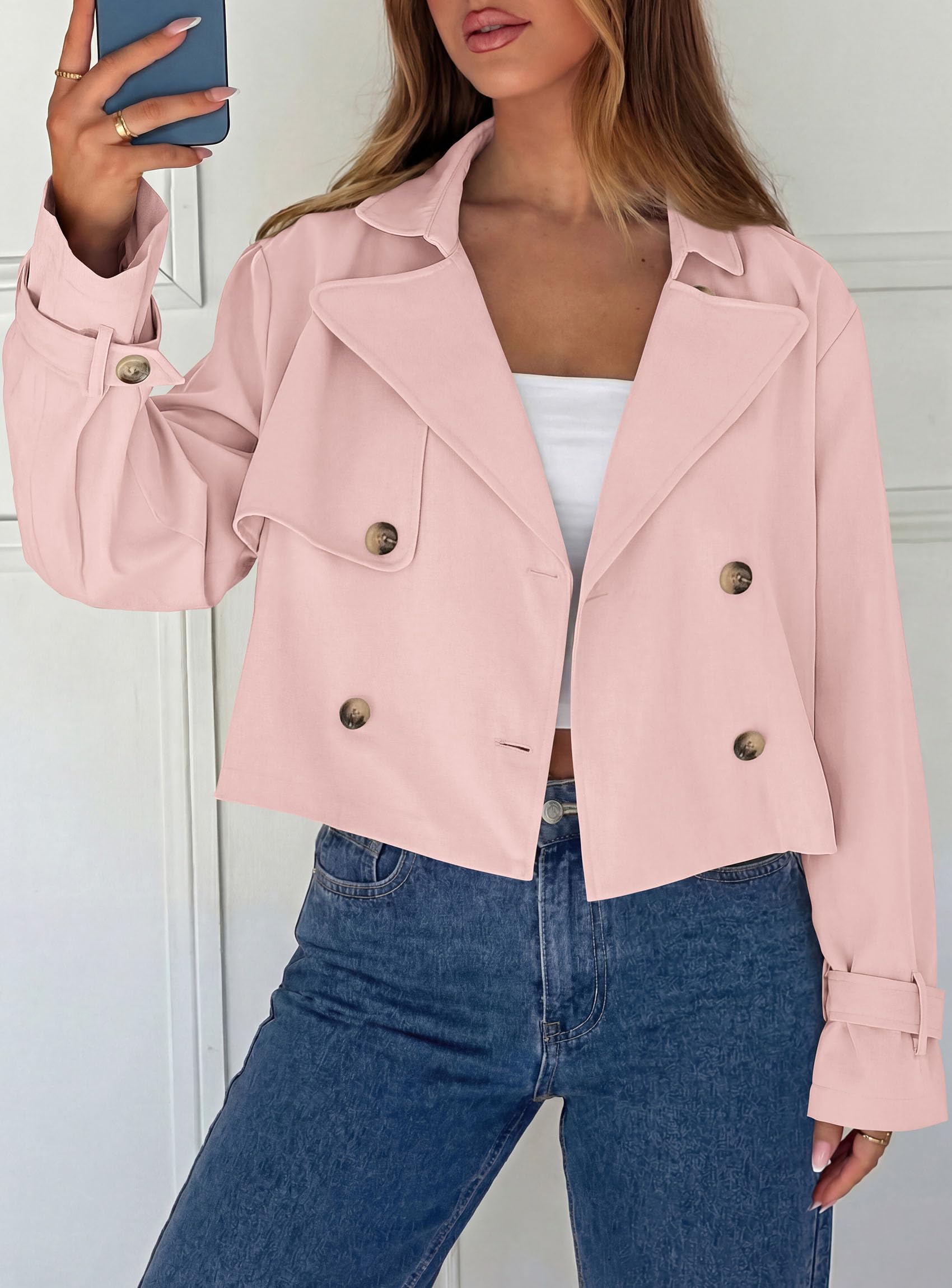Cropped Trench Coat For Women Short Jacket,Pink,S