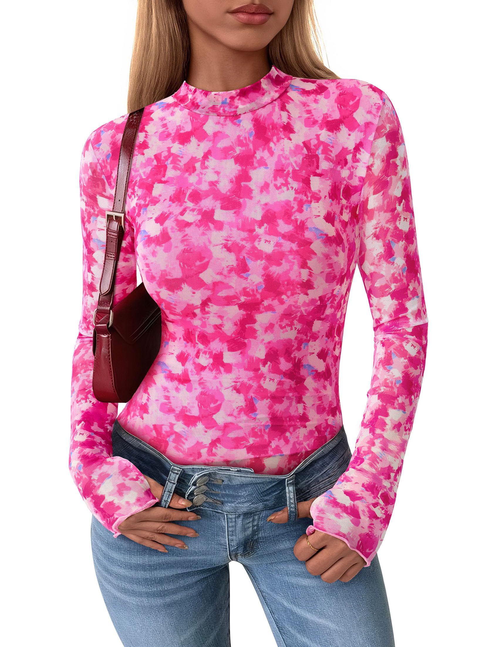 Womens Floral Mesh Long Sleeve Tops Fall Slim Fitted Shirts