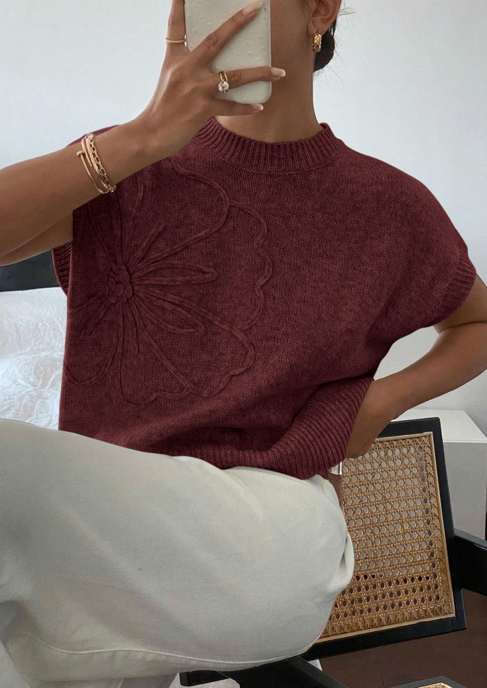 Women's Summer Short Cap Sleeve Sweater Vest (Red Brown,S)