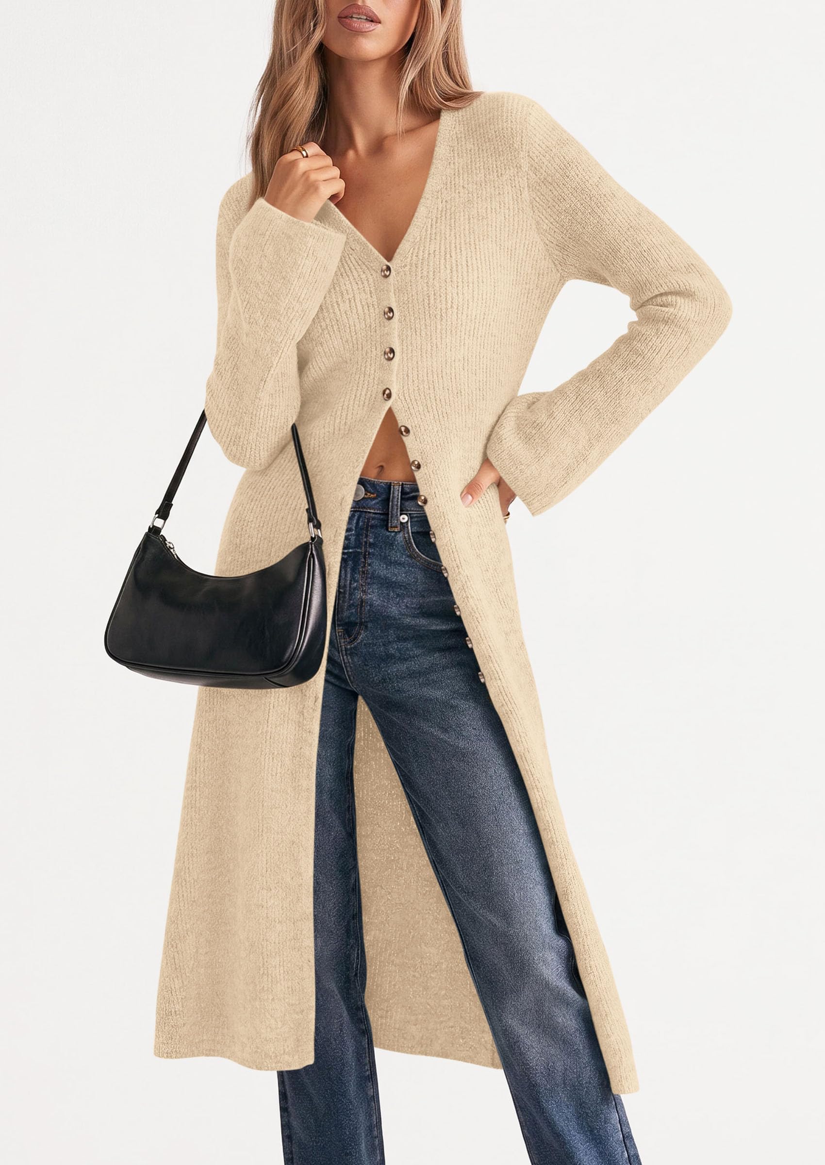 Women Long Cardigan Bell Sleeve Sweater Dress (Beige,S)