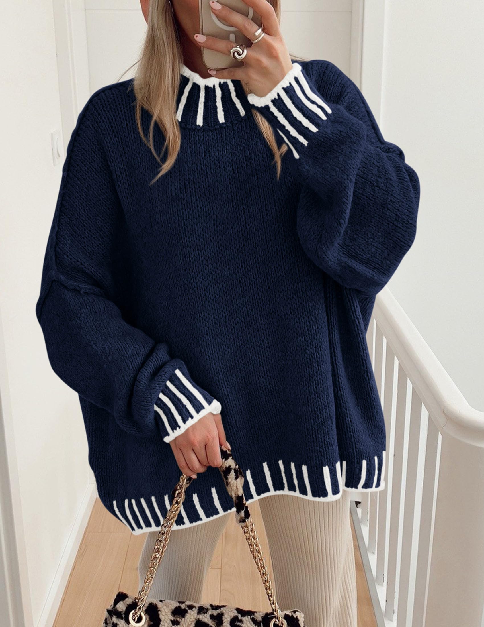 Women's Mock Neck Oversized Pullover Sweaters,Navy Blue,XS