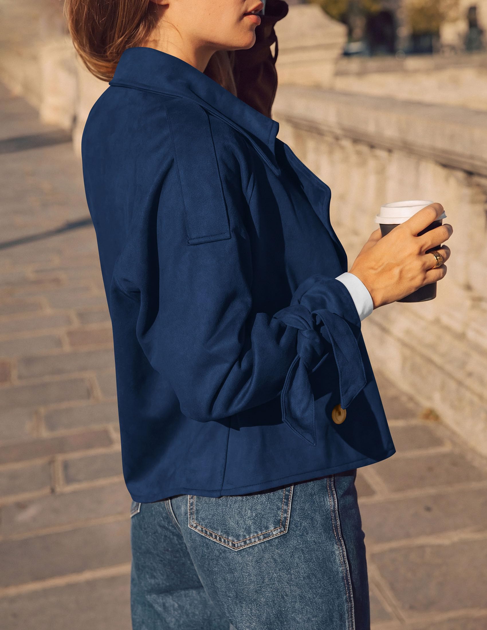 Women Faux Suede Double Breasted Trench Coat Cropped Jackets