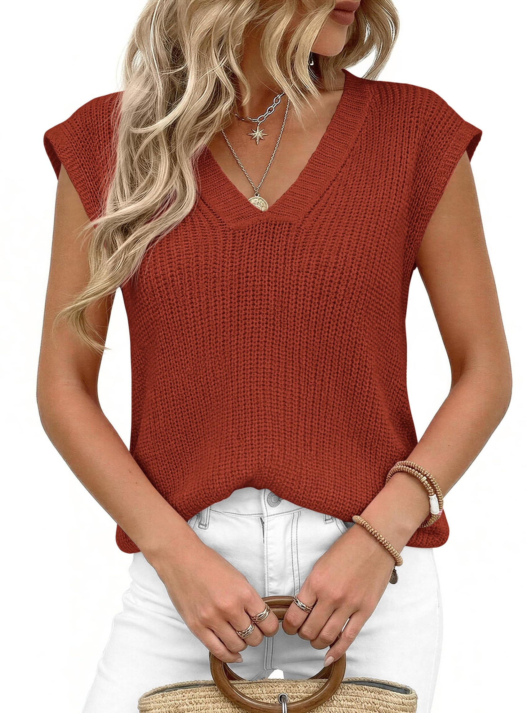 Women's Cap Sleeve Sweaters Vest Summer Tops (Rust Red,S)