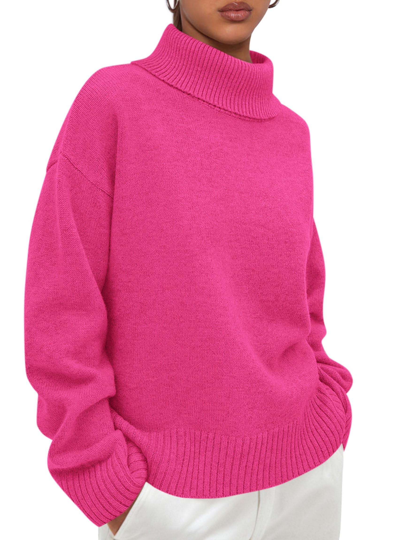 Womens Turtleneck Long Sleeve Knit Sweater,Rose Red,S