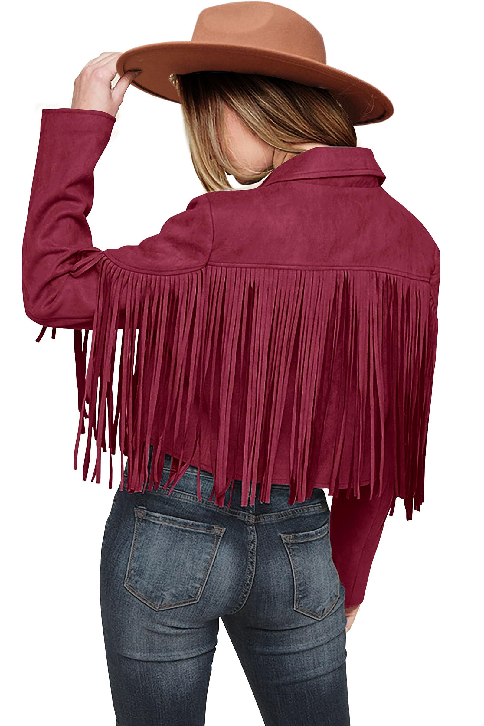 Women's Fringe Faux Suede Leather Jackets,Wine Red,S