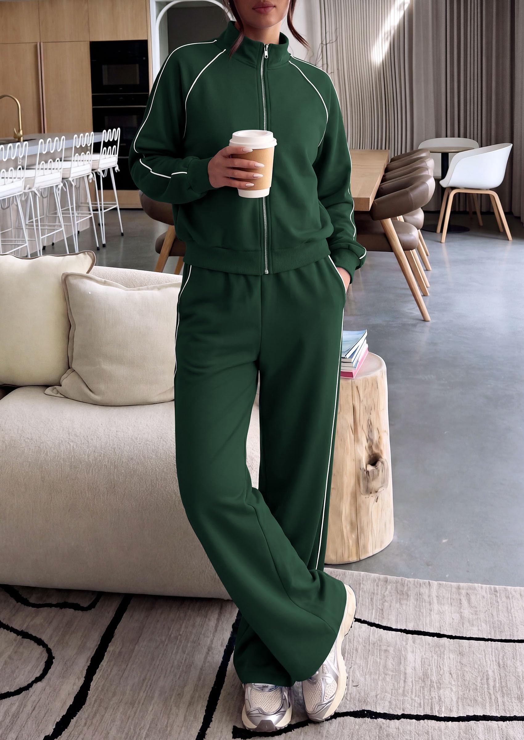 Women's 2 Piece Sweat Set Casual Fall Outfits,Dark Green,S