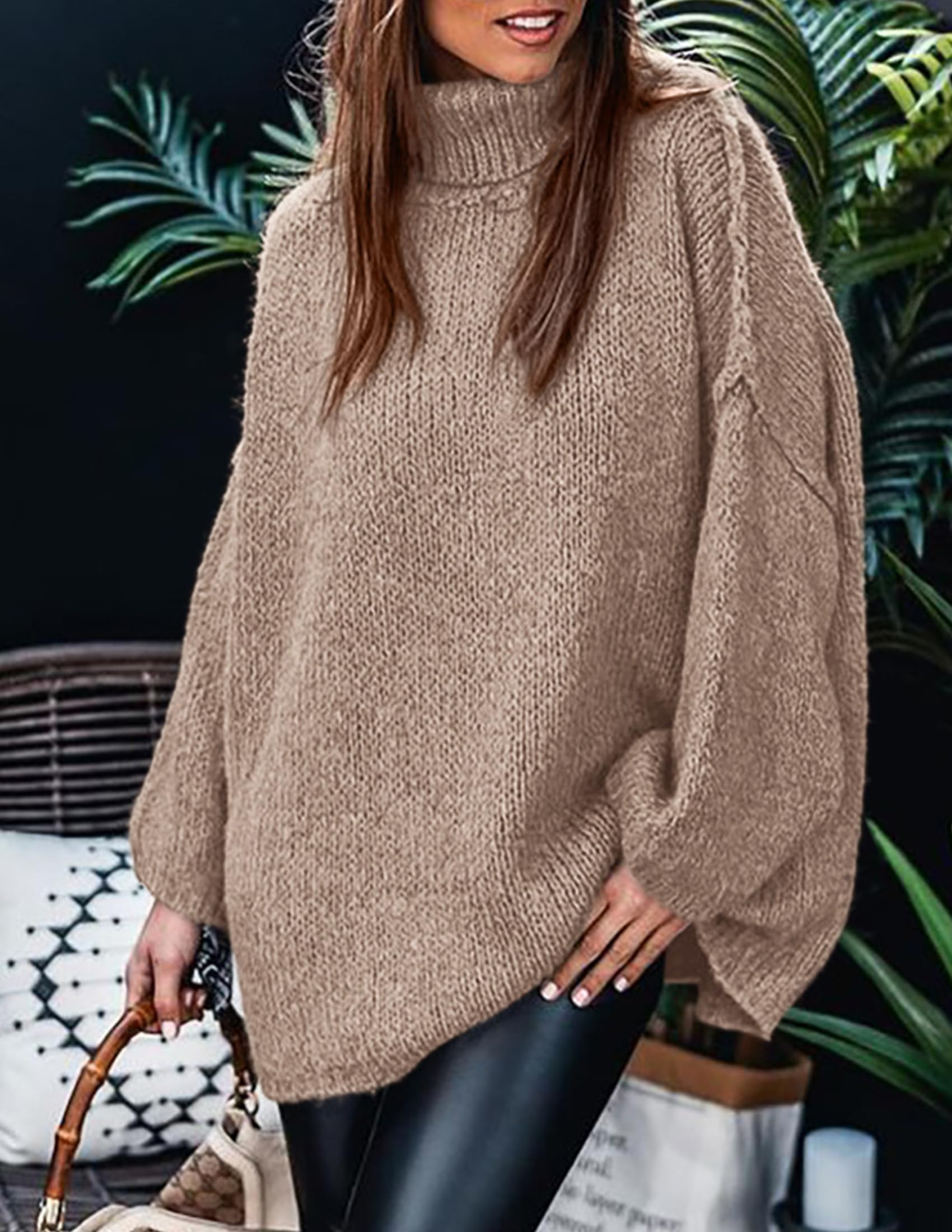 Womens Turtleneck Long Sleeve Oversized Sweaters,Khaki,L