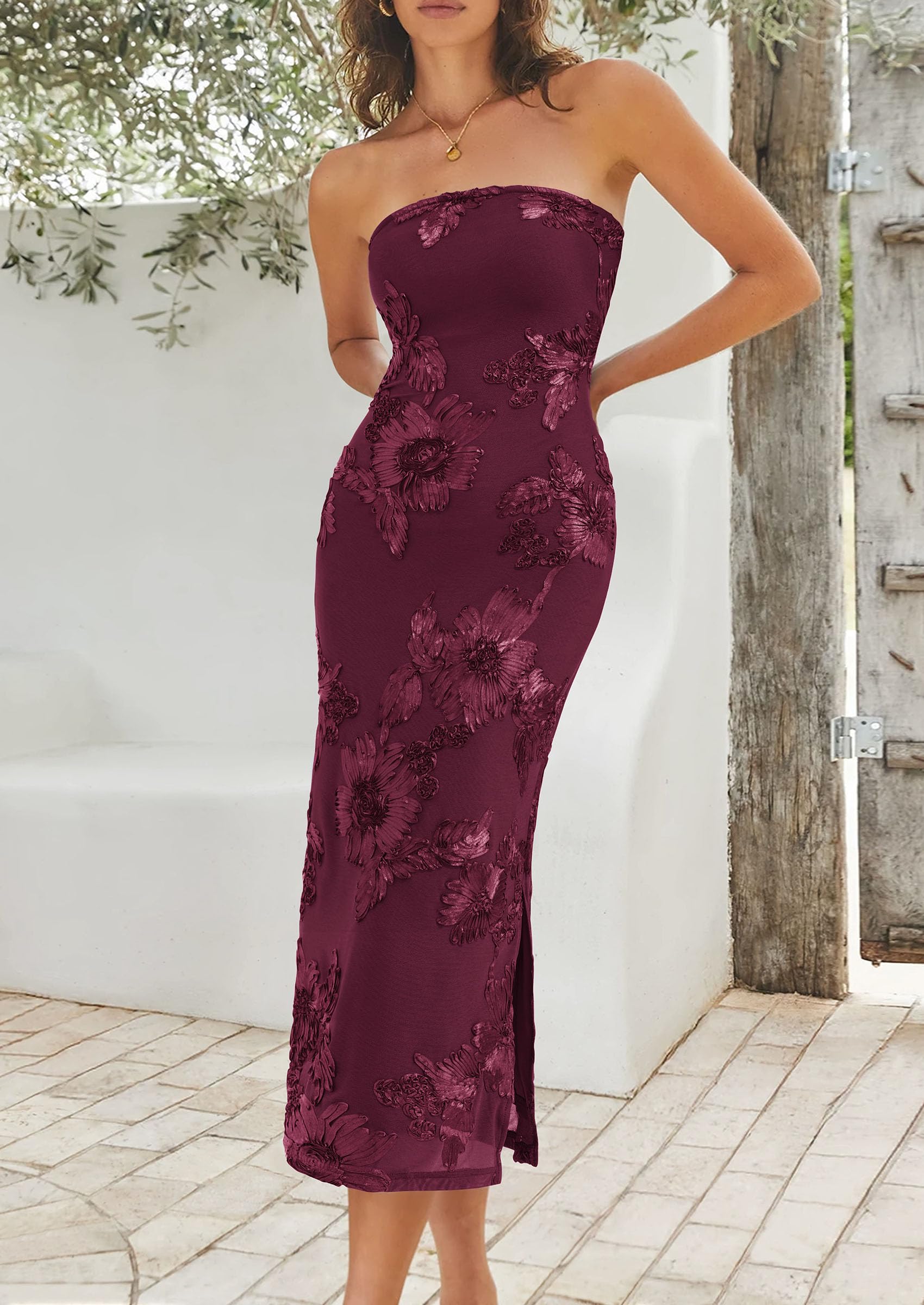 Women's Summer Wedding Guest Floral Midi Dress, Burgundy,XS
