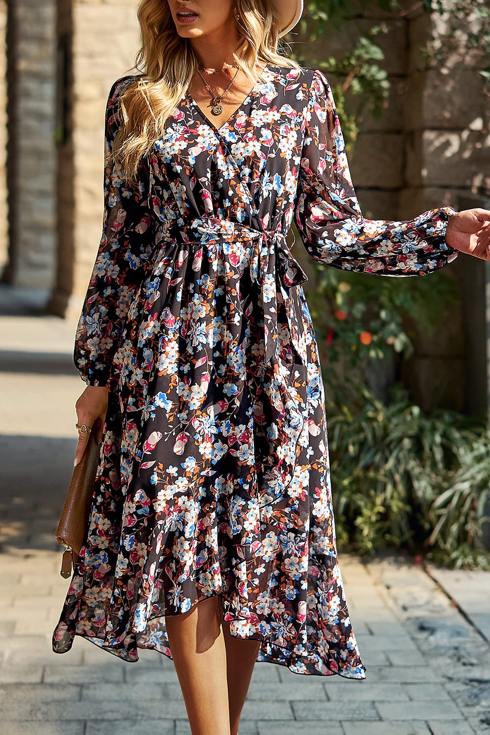 Women's Floral Boho Long Sleeve Maxi Dress, Floral Black,S