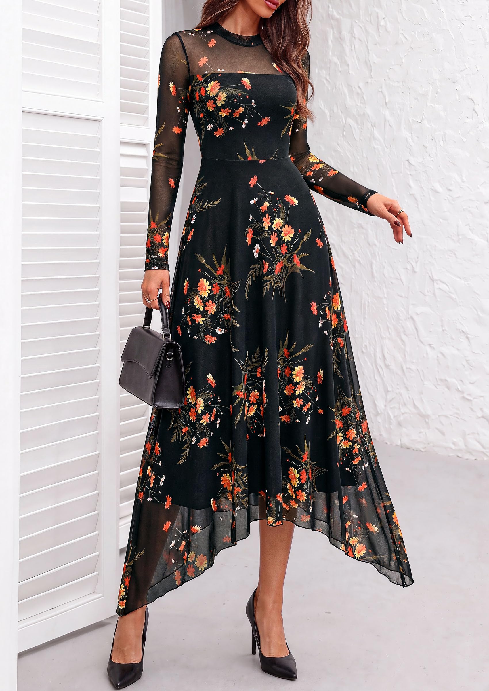 Women's Floral Mesh Midi Dress,Floral Black Yellow,L