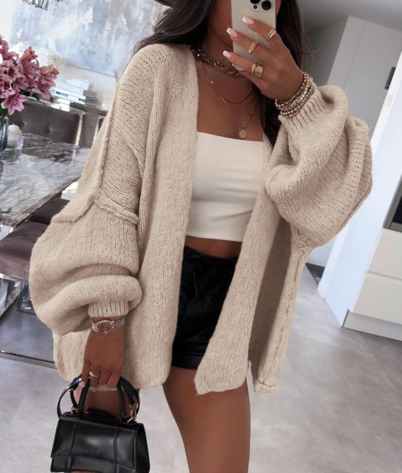 Womens Open Front Oversized Cardigan Sweaters,Grey Beige,M