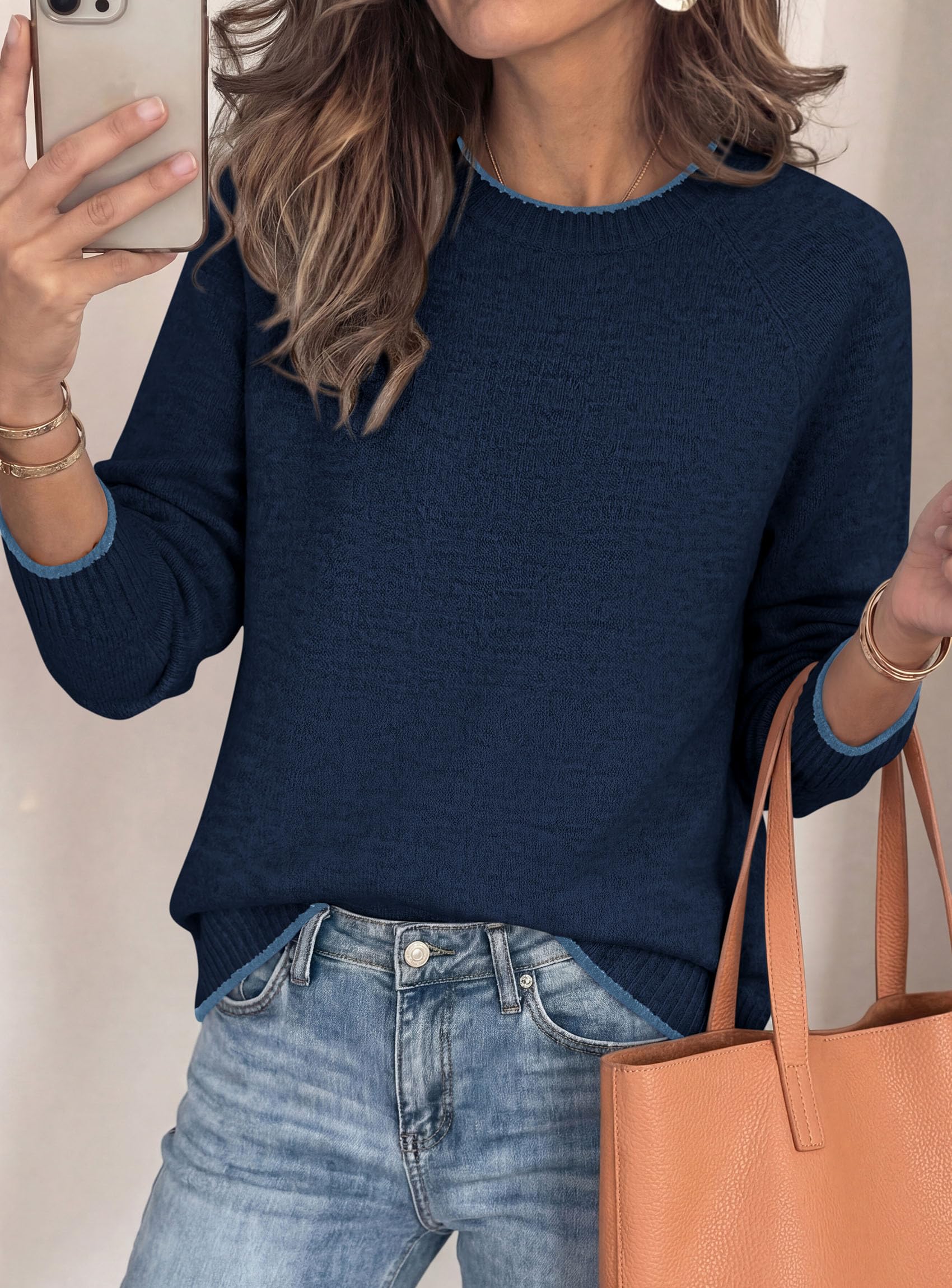 Womens Crewneck Fall Sweaters Pullover Tops,Navy,S