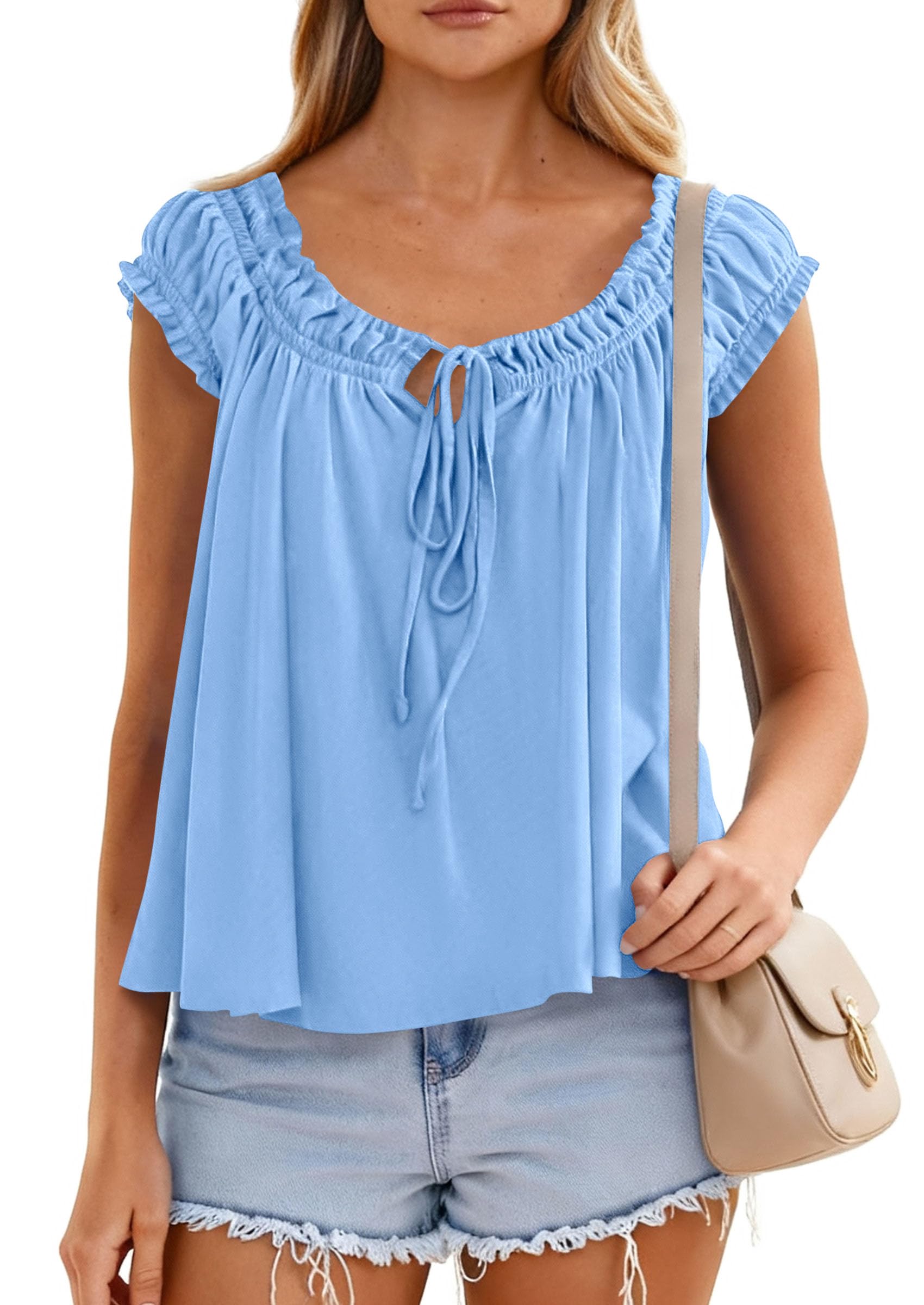 Womens Summer Tank Tops Babydoll Peplum Blouses,Light Blue,XS