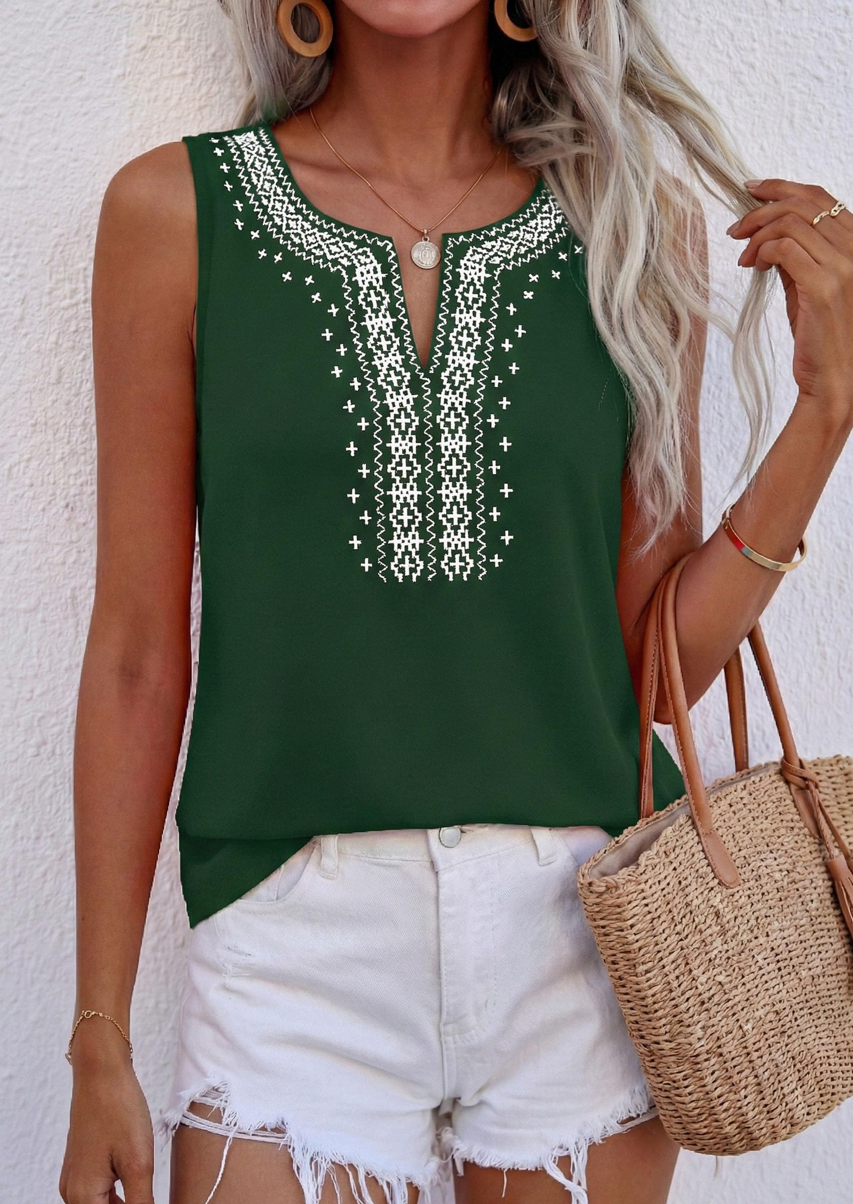Womens Embroidered Sleeveless Tank Tops Dark Green,S