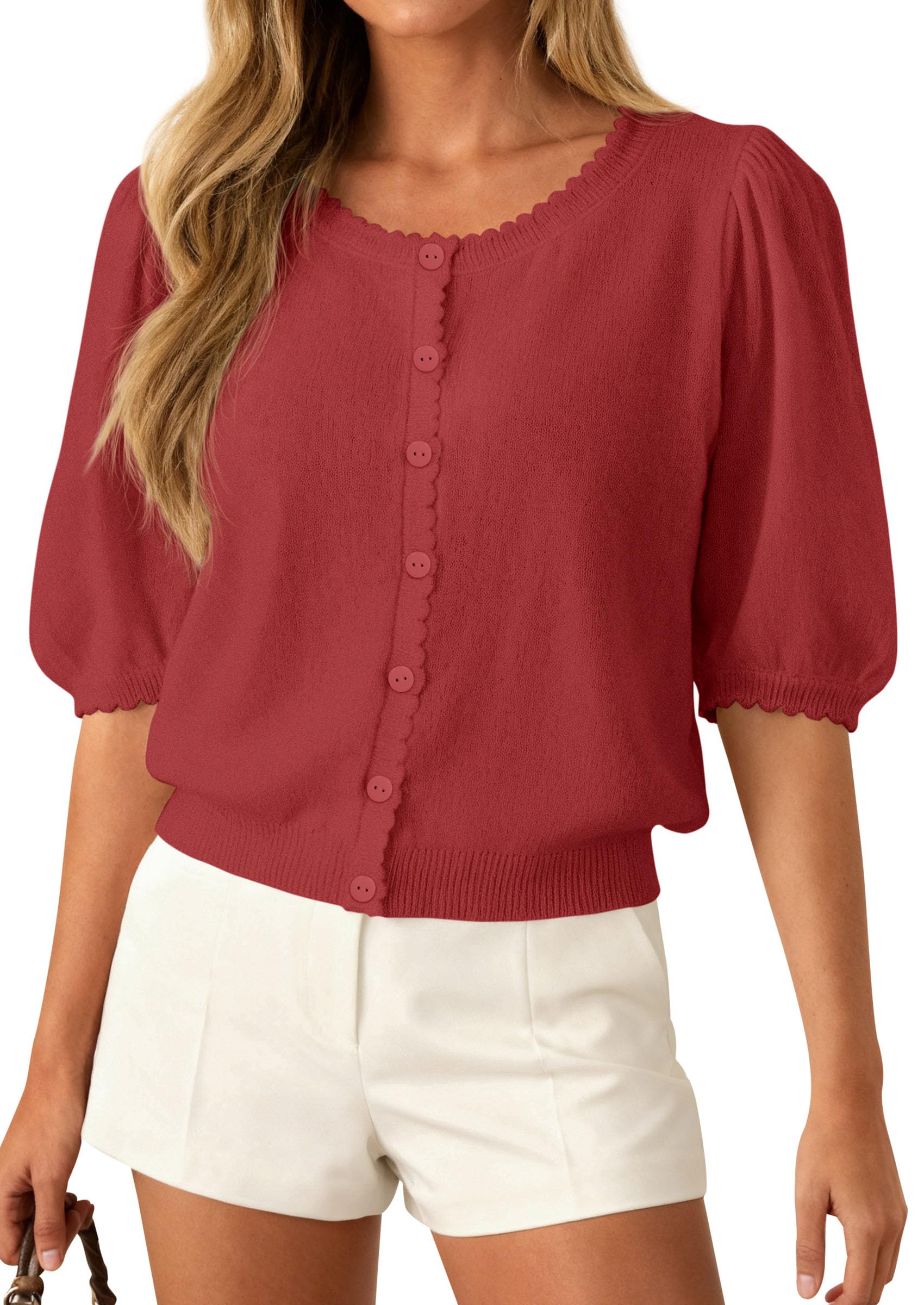 Women Short Sleeve Lightweight Knit Cardigans, Rust,S