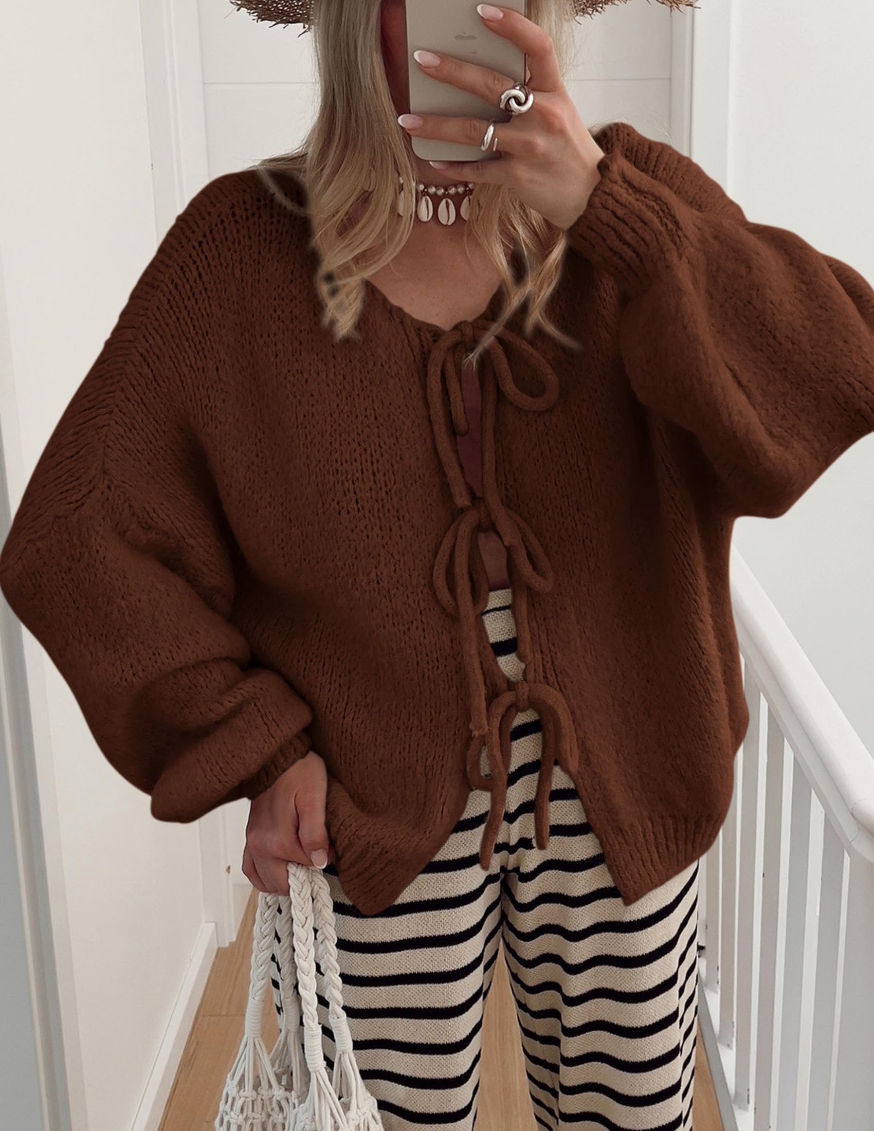 Women's Tie Front Bow Cardigan Sweaters(Caramel,Small)