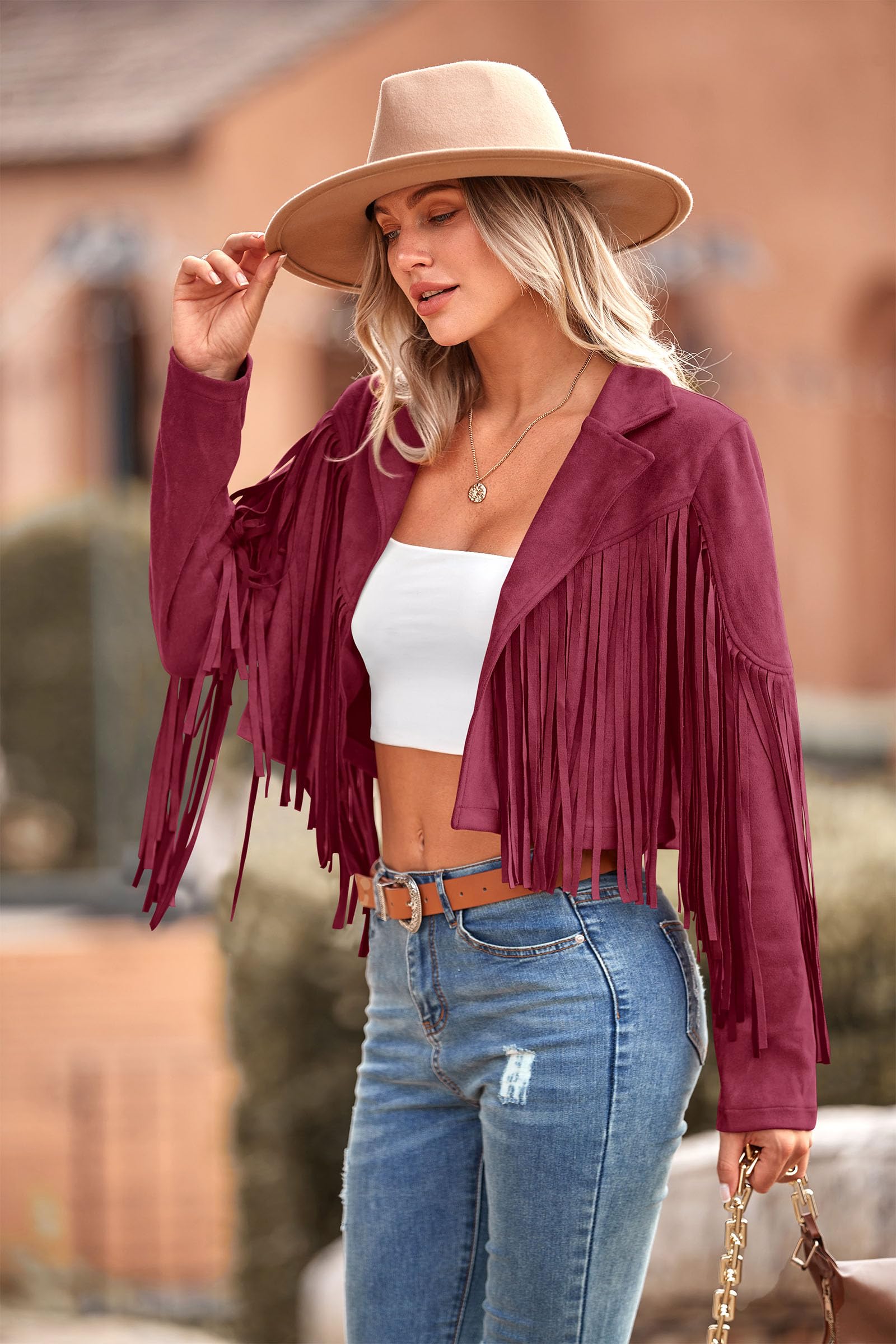 Women's Fringe Faux Suede Leather Jackets,Wine Red,S