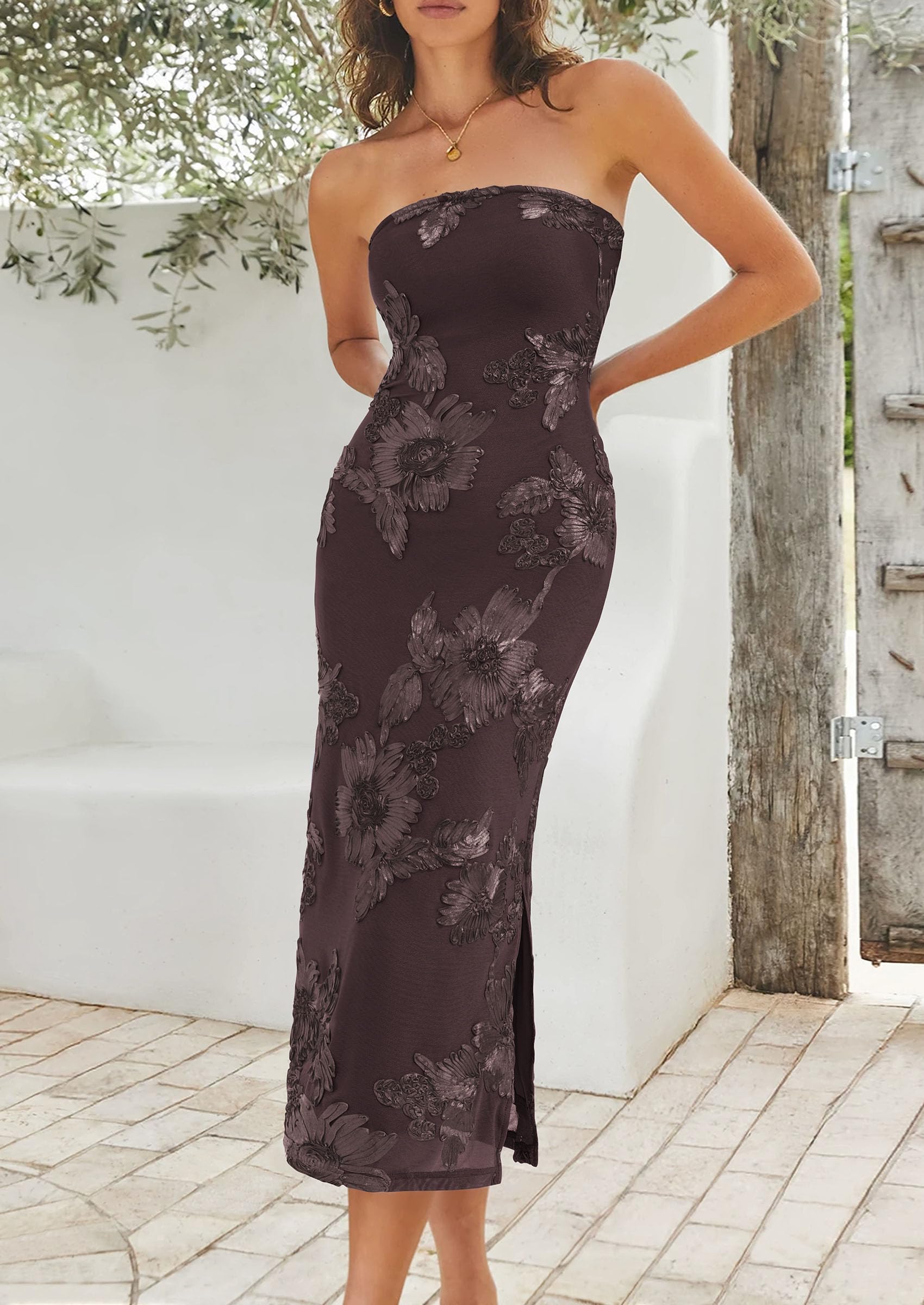 Women's Summer Wedding Guest Floral Midi Dress, Coffee,XS