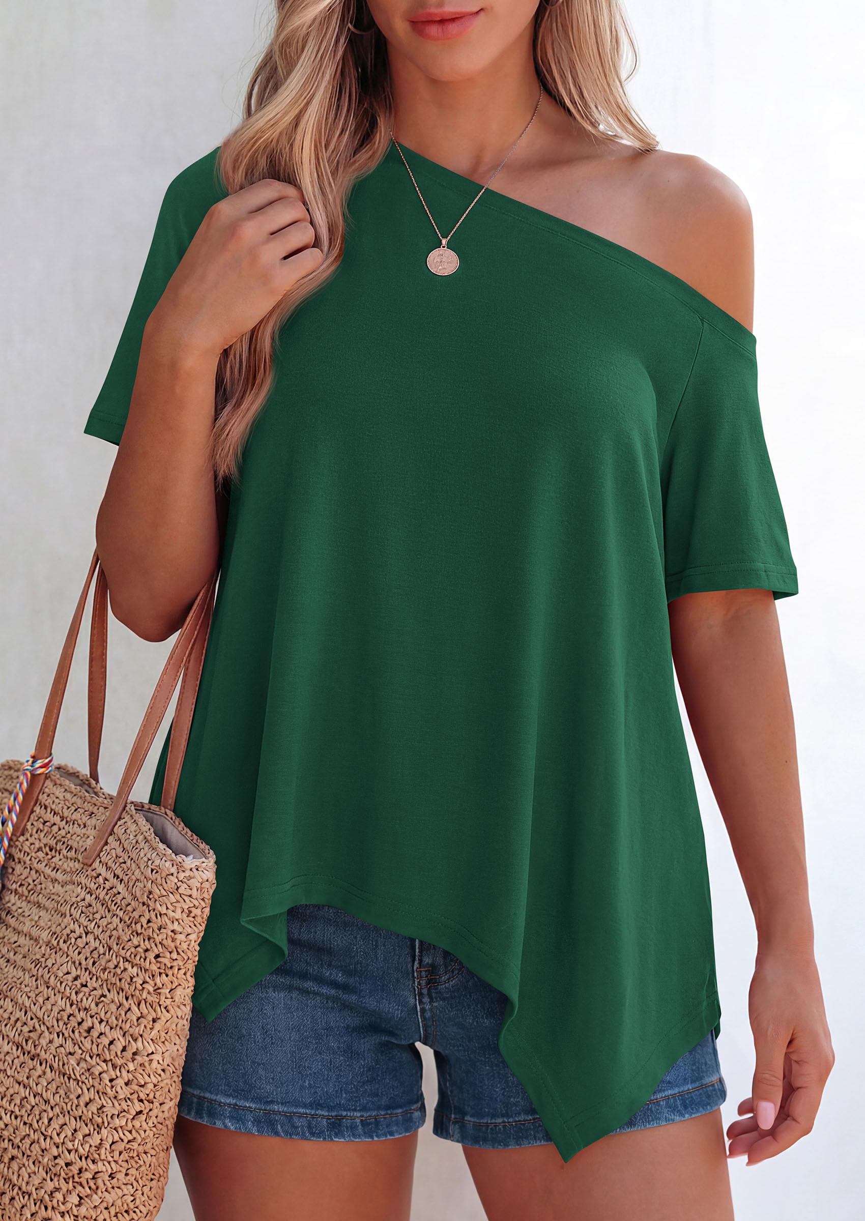 Off Shoulder Tops for Women Oversized Tshirts, Dark Green,S