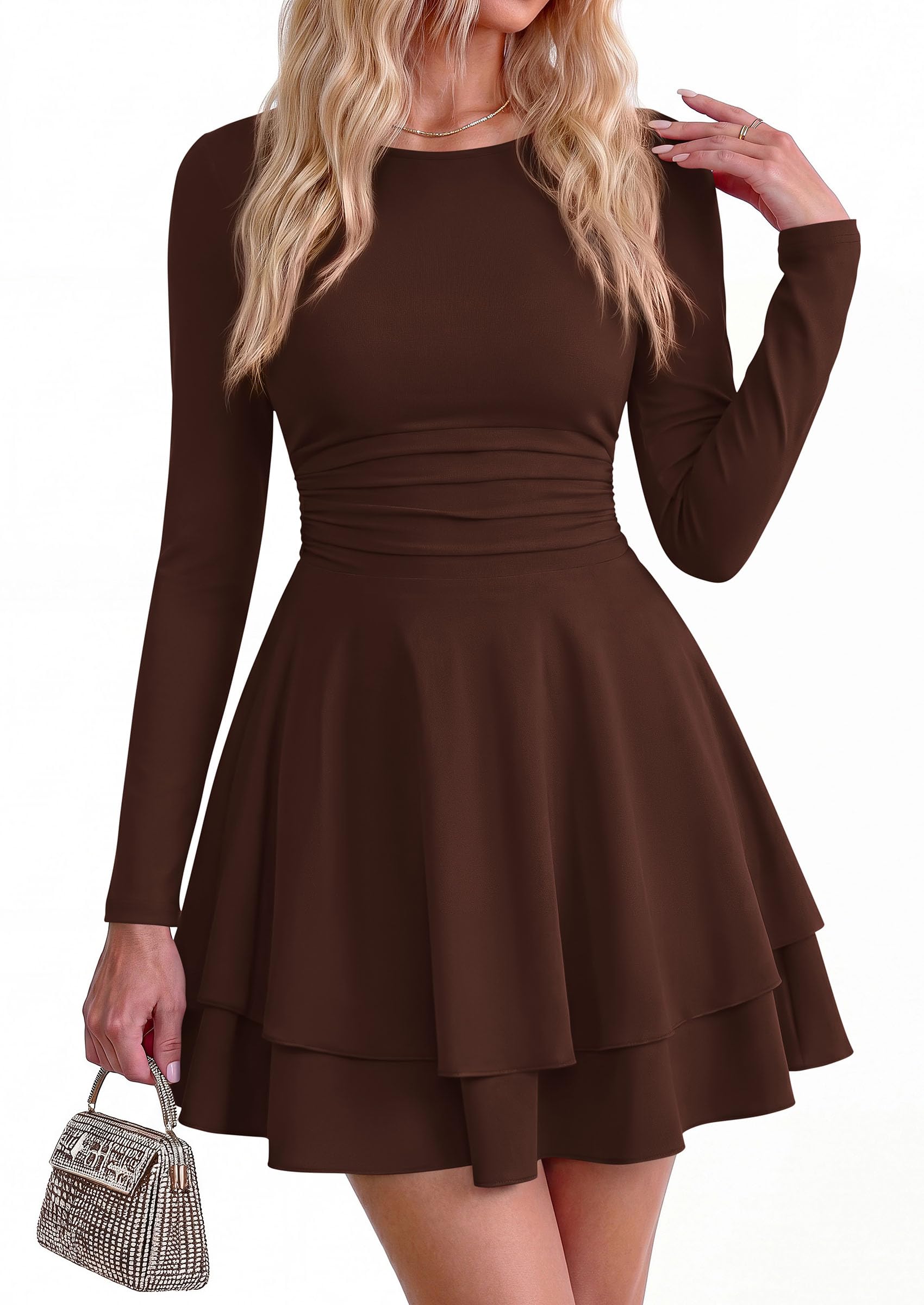 Womens Fit and Flare Crewneck Long Sleeve Mini Dress Brown,S