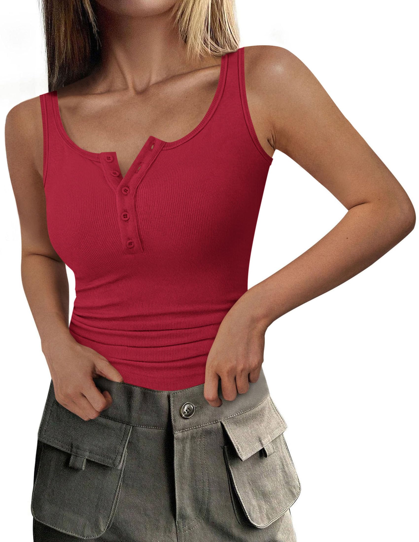 Womens Button Up Sleeveless Henley Tank Tops,Red,S