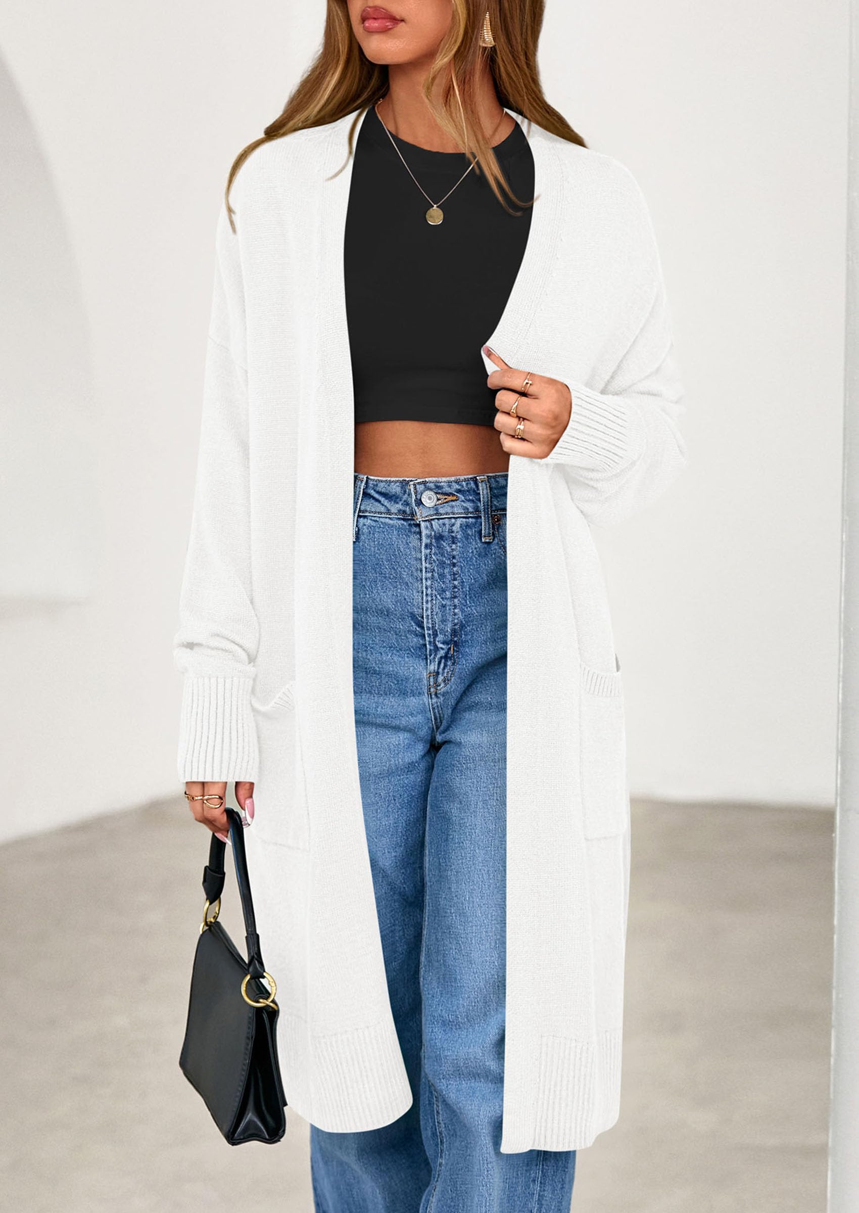 Women's Oversized Open Front Long Knit Cardigan,White,S