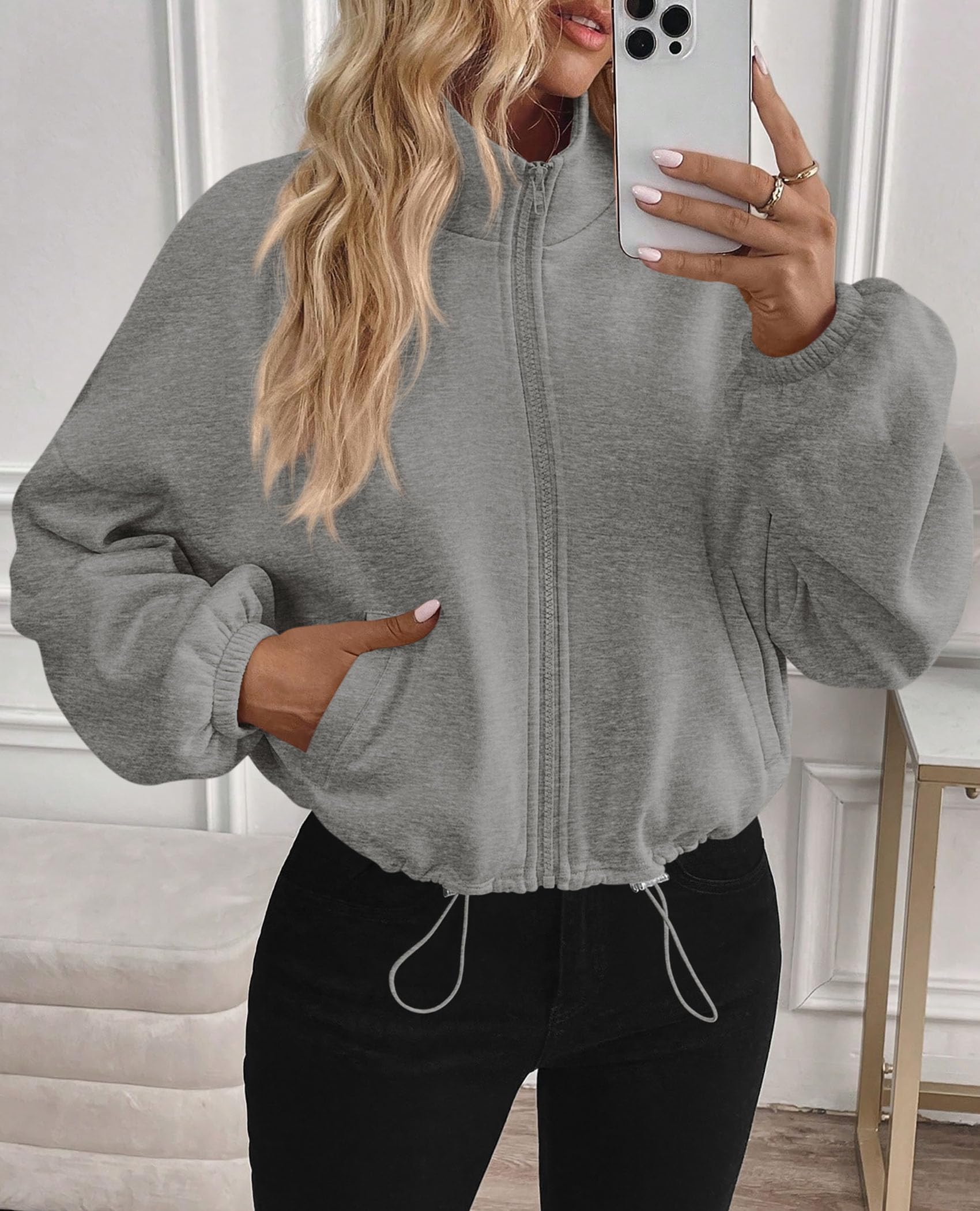 Women's Cropped Jacket Zip Up Fleece Sweatshirt Fall Outfits