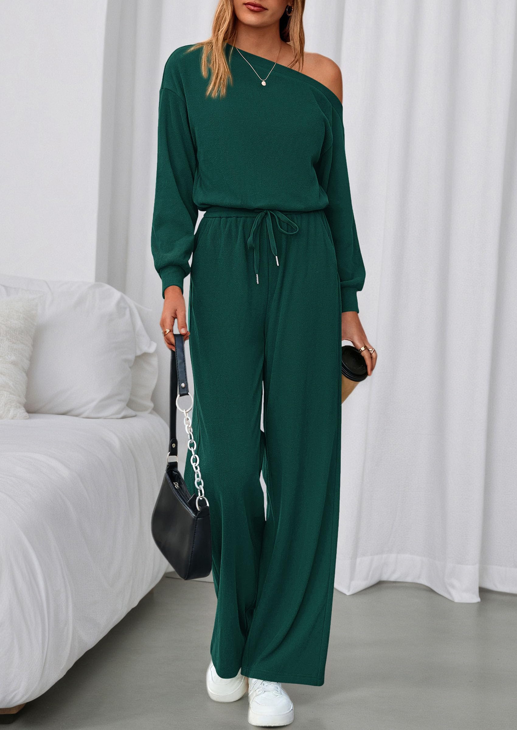 Womens Off Shoulder Long Sleeve Jumpsuit,Dark Green,S