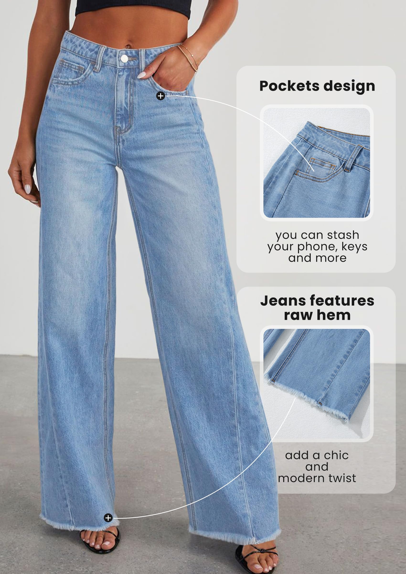 Women's Wide Leg Jeans Raw Hem Denim Pants,Sky Blue,4