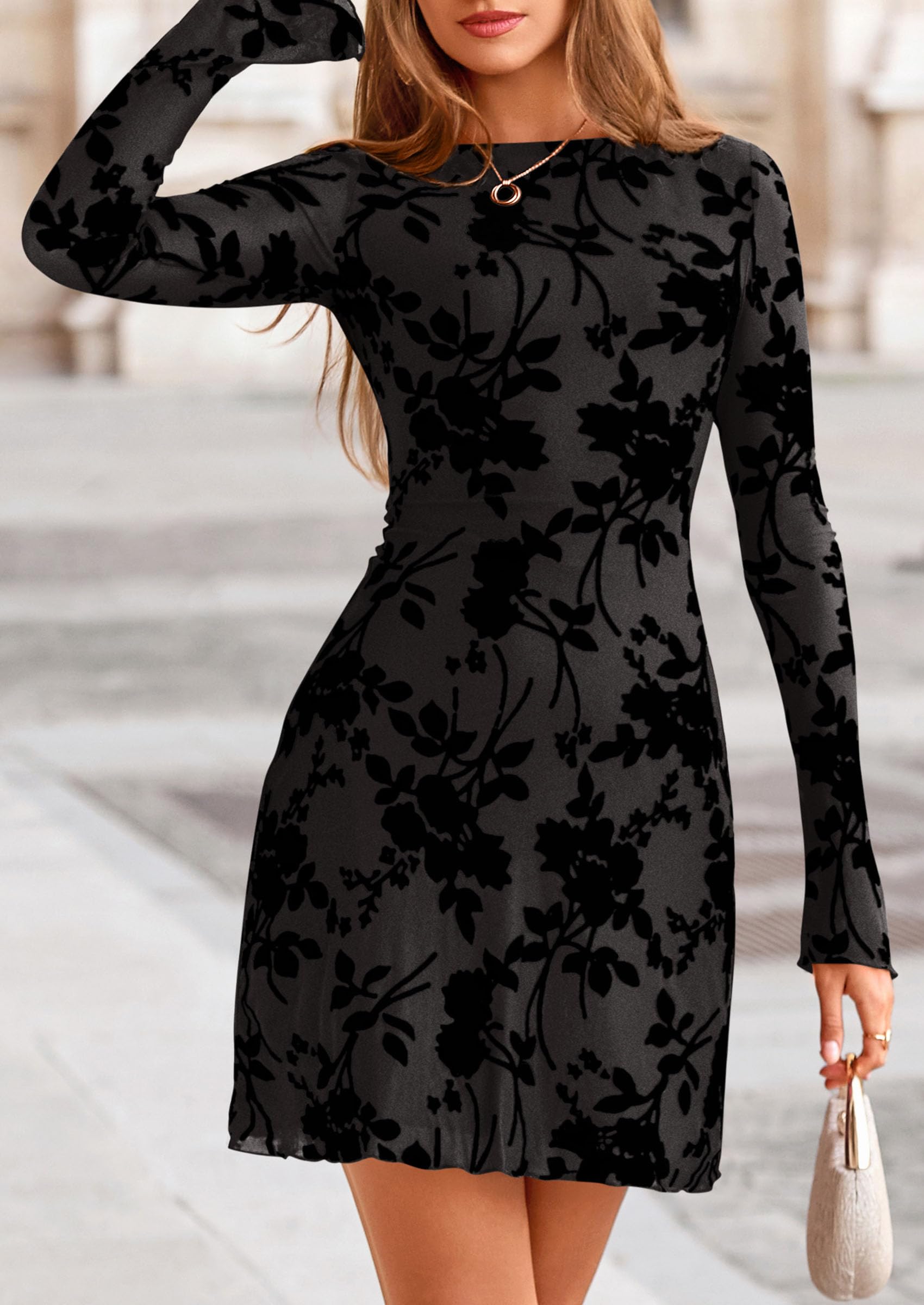 Women's Fall Floral Long Sleeve Mini Dress (Black,XS)