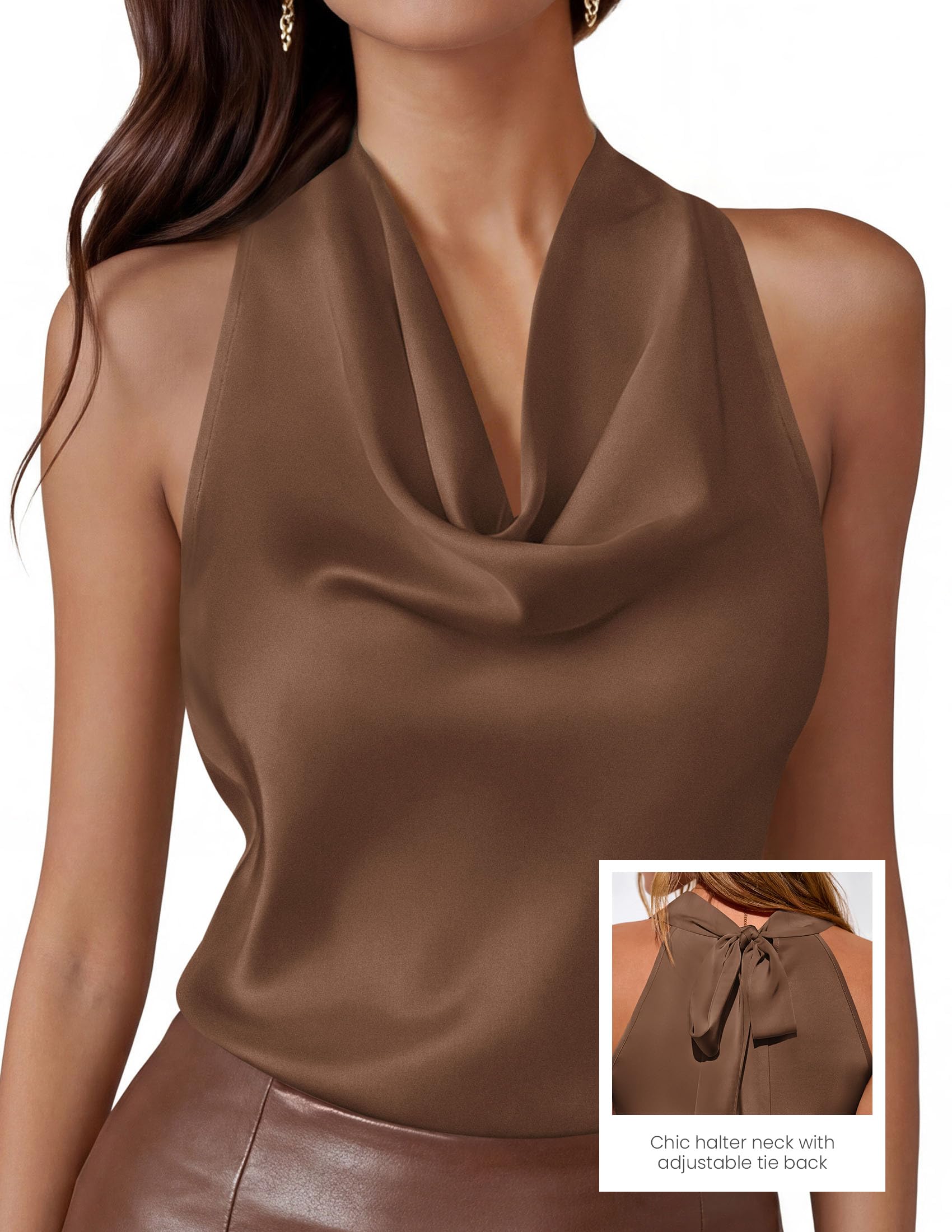 Satin Halter Tops for Women Dressy Casual Brown,XS