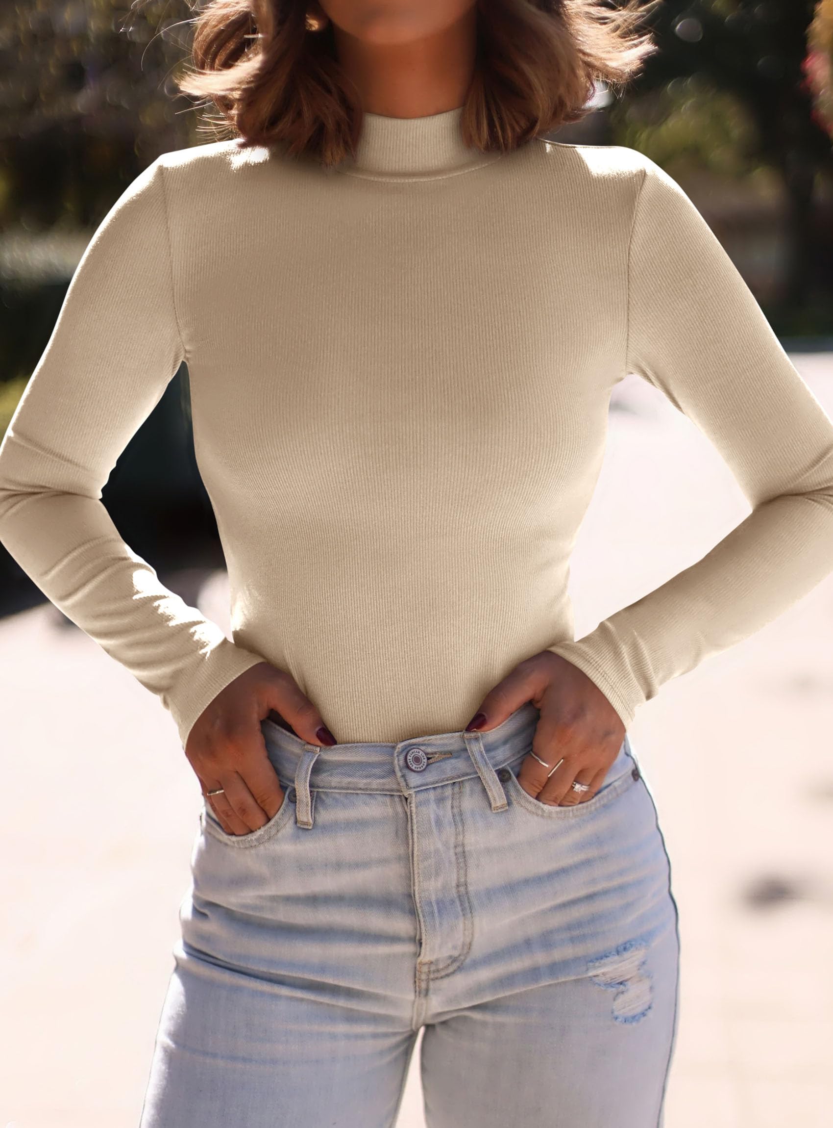 Womens Mock Turtleneck Fall Long Sleeve Shirts,Apricot,XS