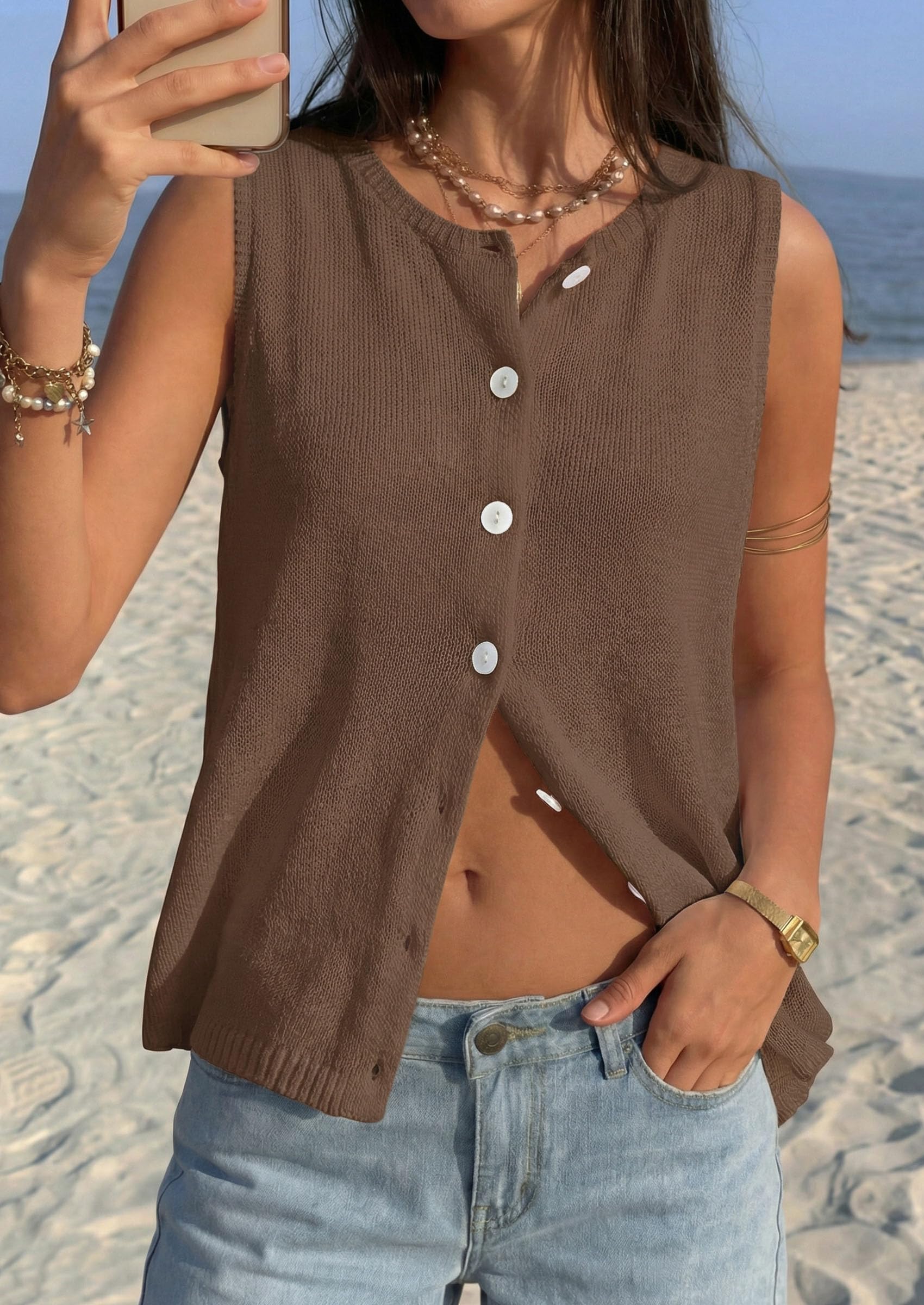 Women's Summer Button Up Sweater Vest Tops,Brown,S