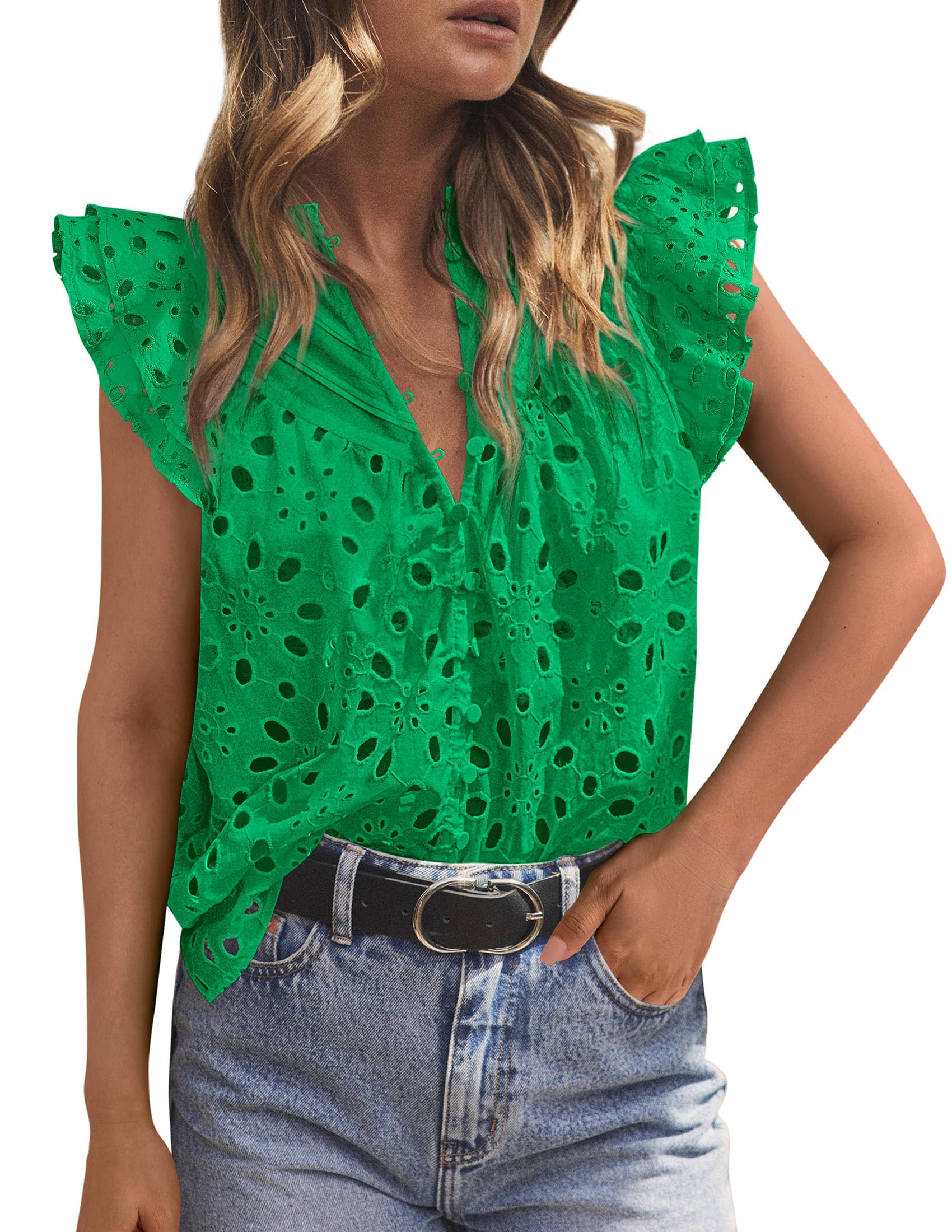Women's Eyelet V Neck Summer Tops Dressy Casual Green,S