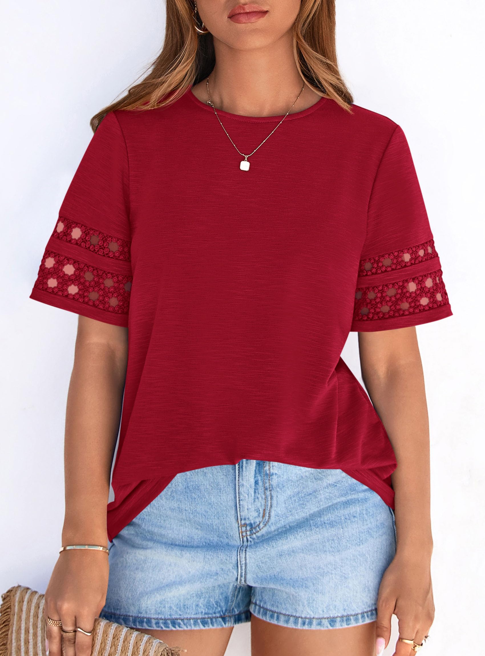 Women's Summer Short Sleeve Lace Trim T-Shirts,Red,S